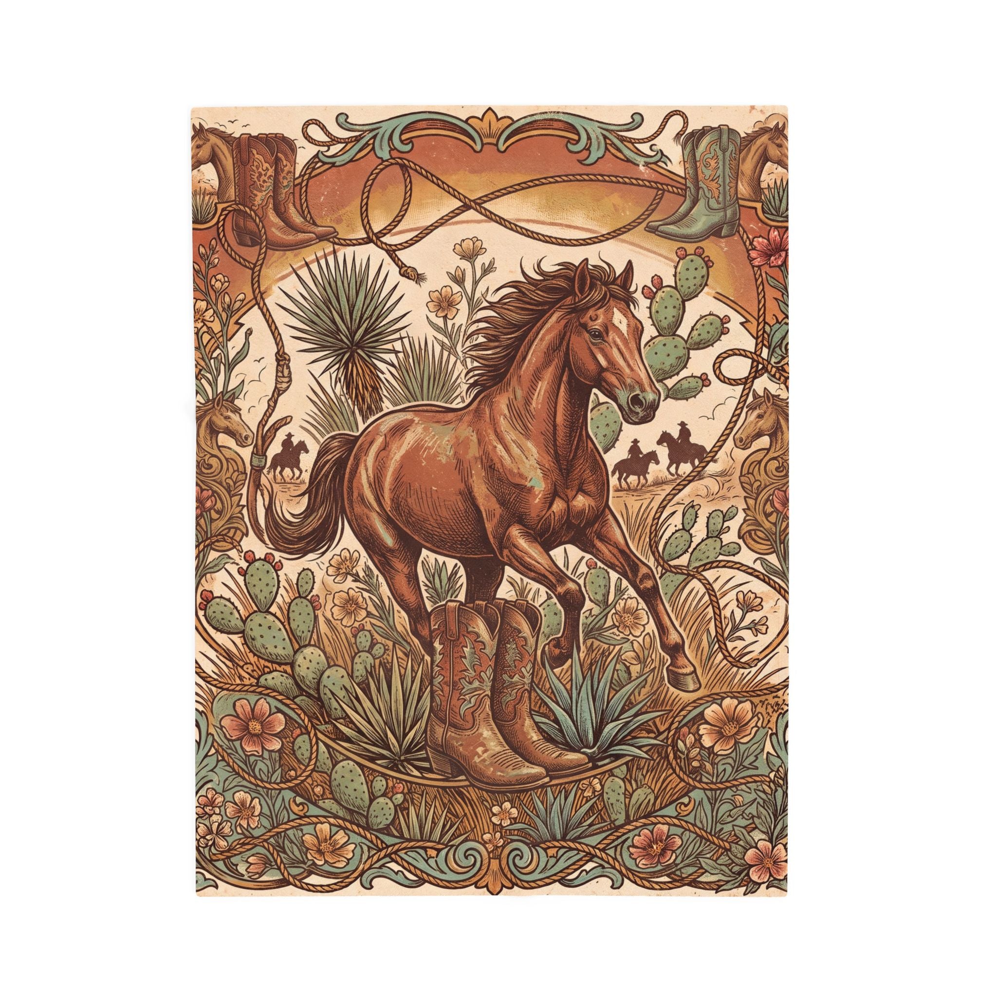 Vintage Western Wild Horse Plush Throw Blanket Cowboy Desert Velvety Blanket