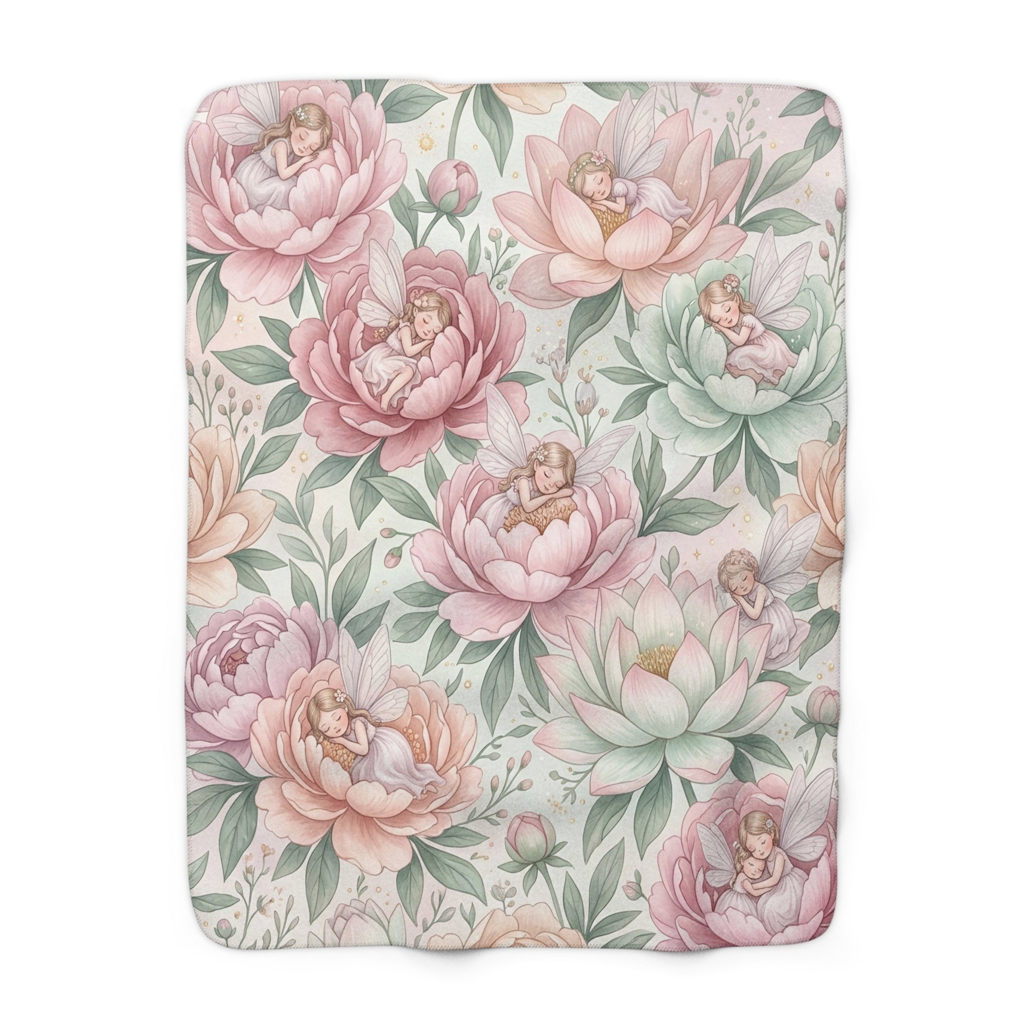 Watercolor Sleeping Pixie & Floral Sherpa Fleece Blanket Fairycore Nursery Throw