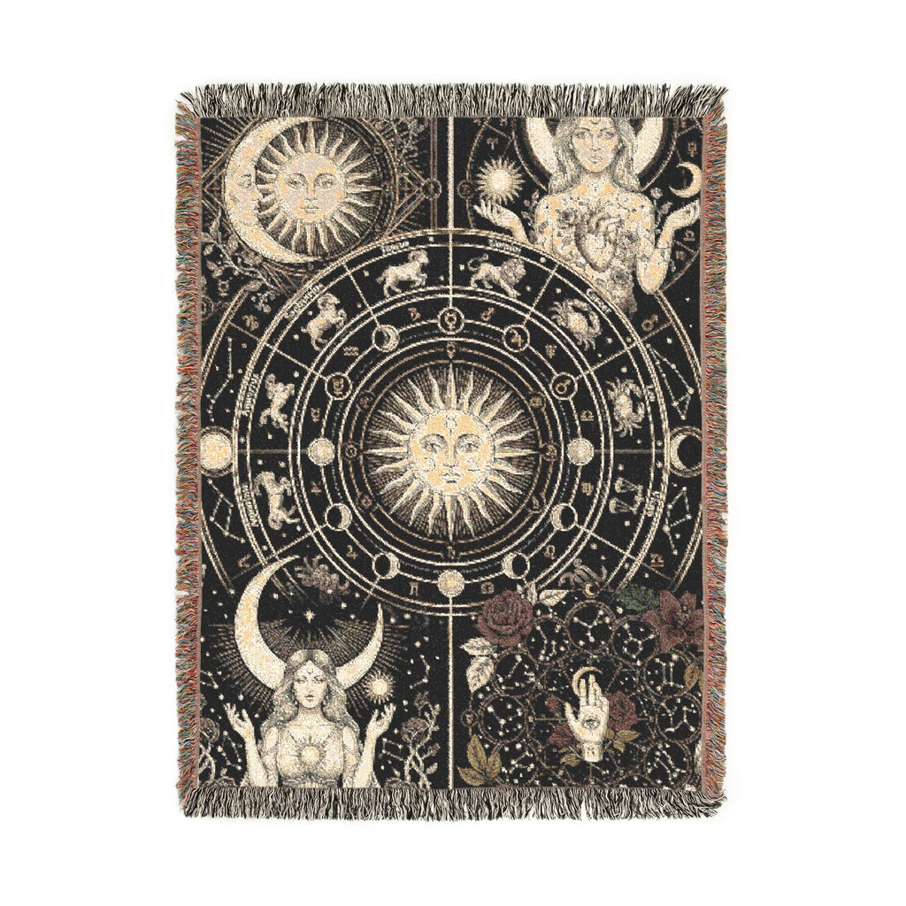 Vintage Celestial Zodiac Woven Throw Blanket Mystical Sun & Moon Tapestry