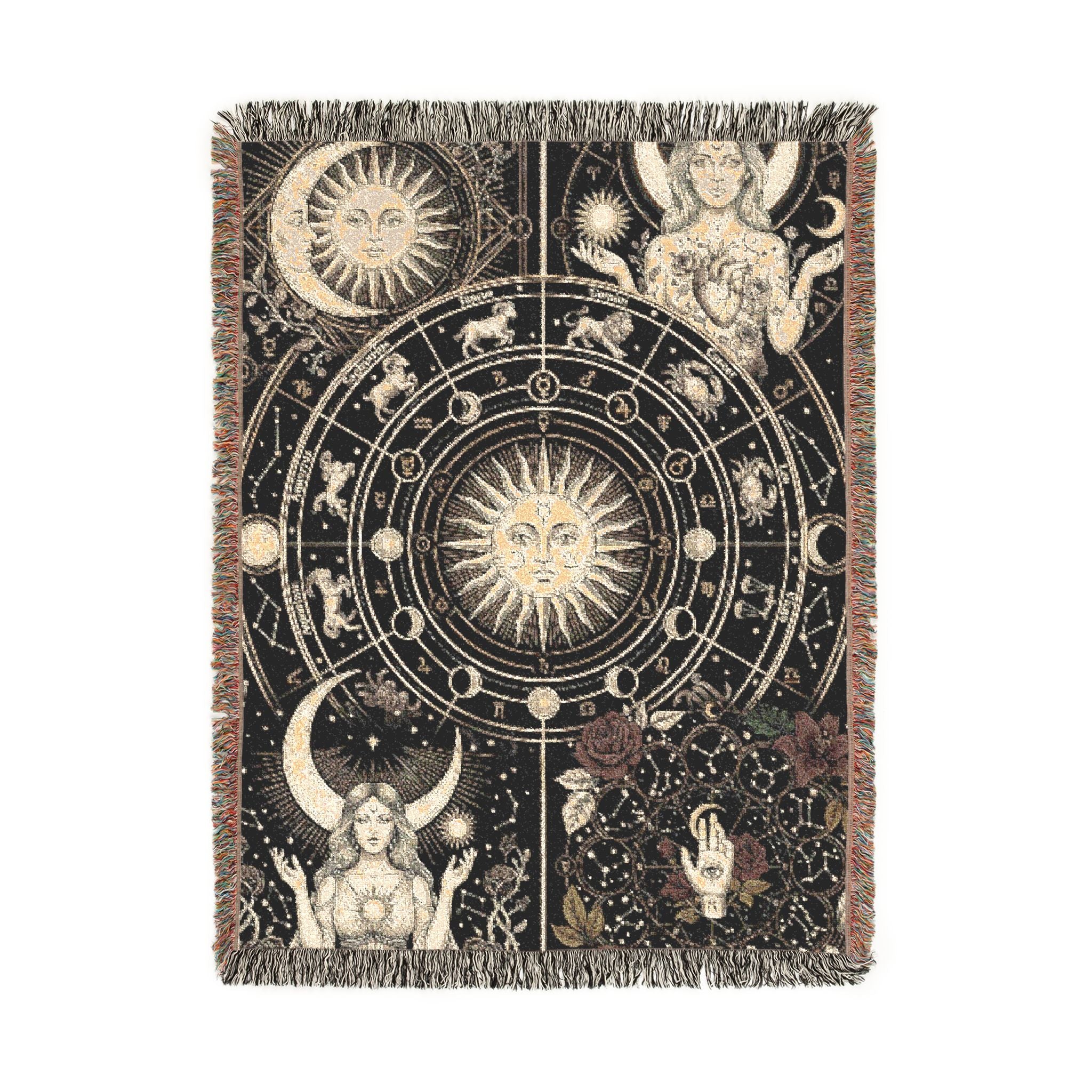 Vintage Celestial Zodiac Woven Throw Blanket Mystical Sun & Moon Tapestry