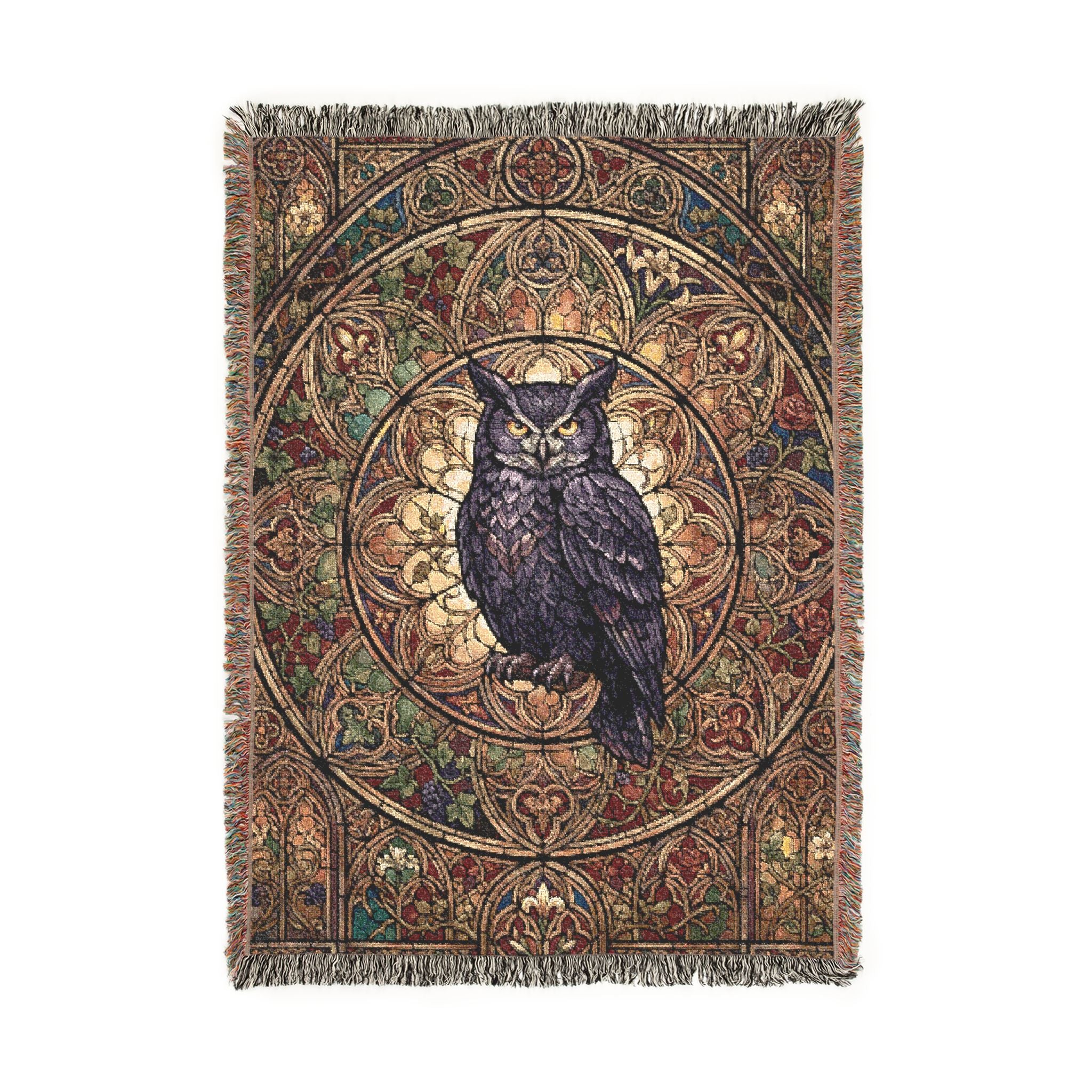 Gothic Owl Stained Glass Woven Throw Blanket Mystical Cathedral Tapestry