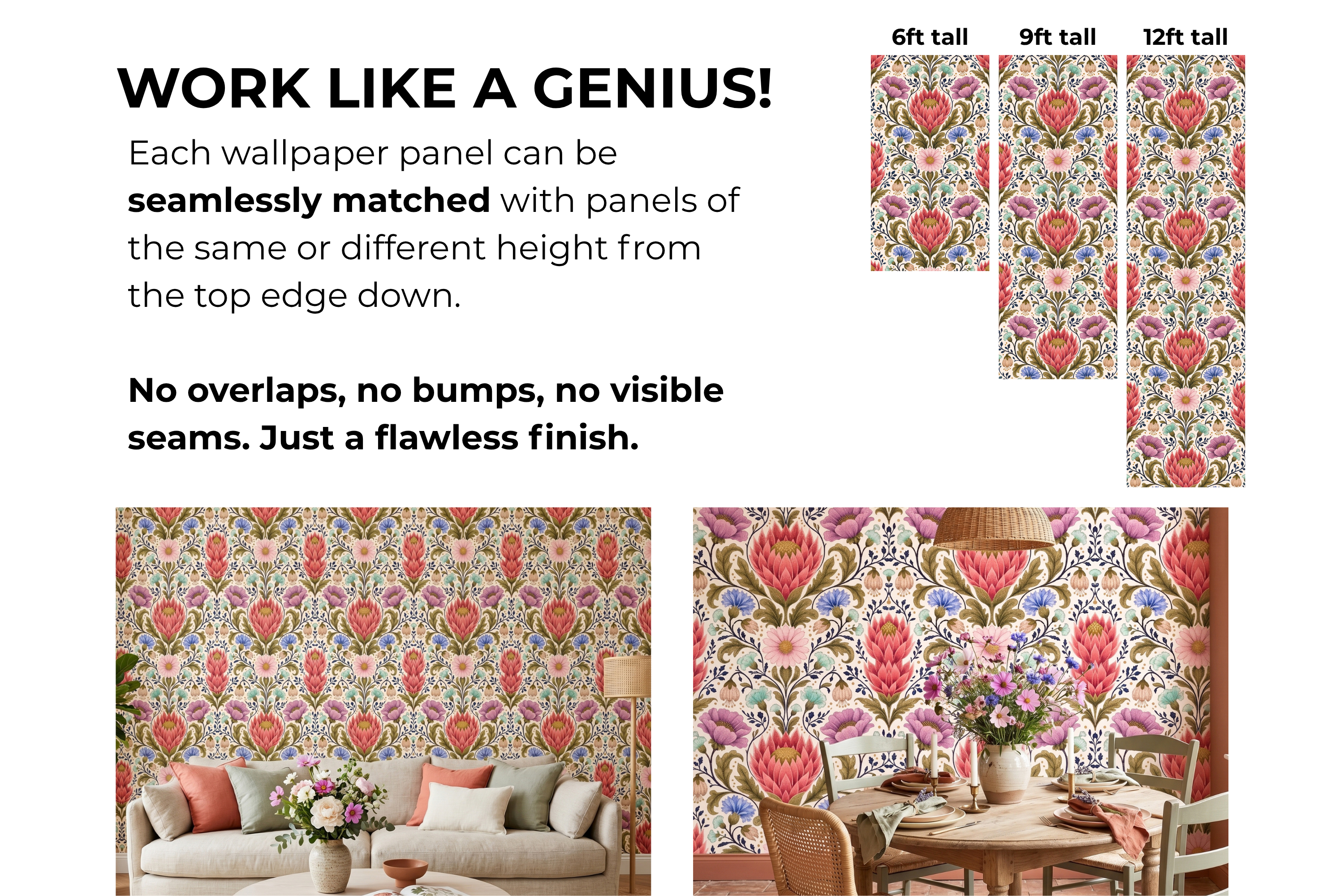 Vintage Damask Floral Botanical Wallpaper with Protea, Wildflowers & Acanthus for Living Room and Bedroom
