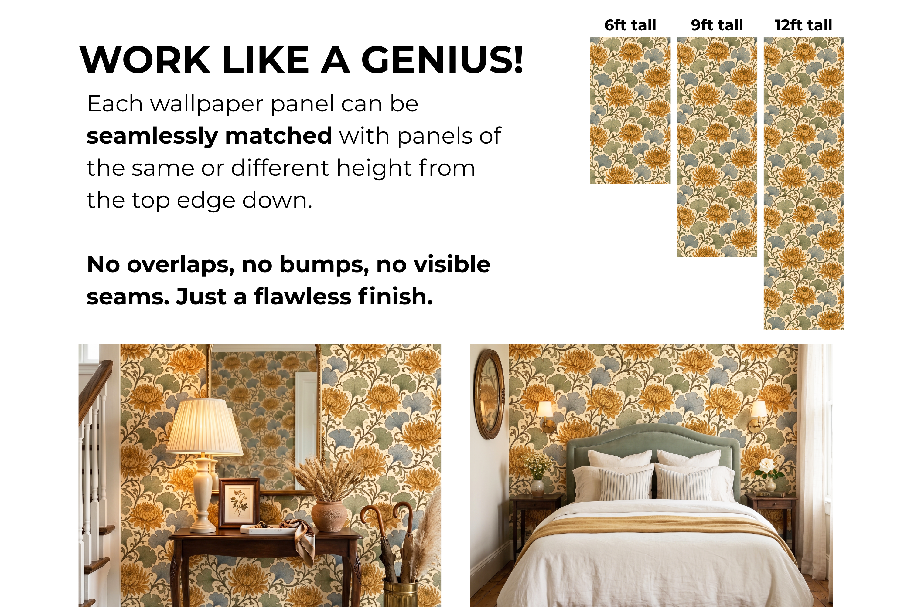 Vintage Floral Art Nouveau Wallpaper Chrysanthemum & Ginkgo Botanical Pattern for Living Room and Bedroom