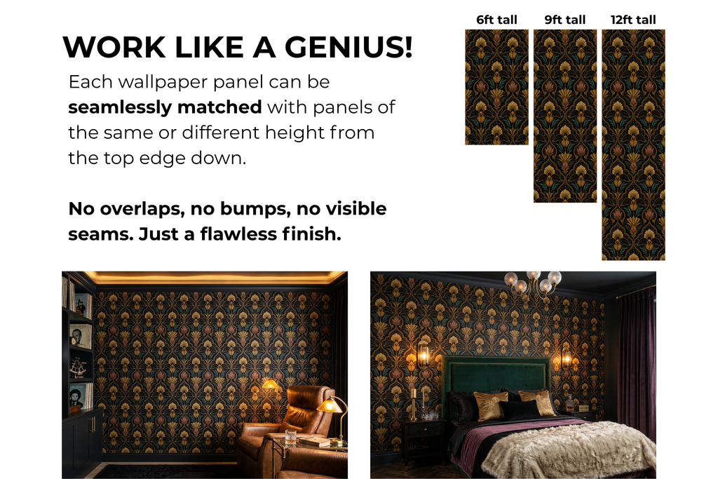Dark Moody Wallpaper Art Deco Celestial Damask with Gold Floral & Stars for Bedroom and Living Room