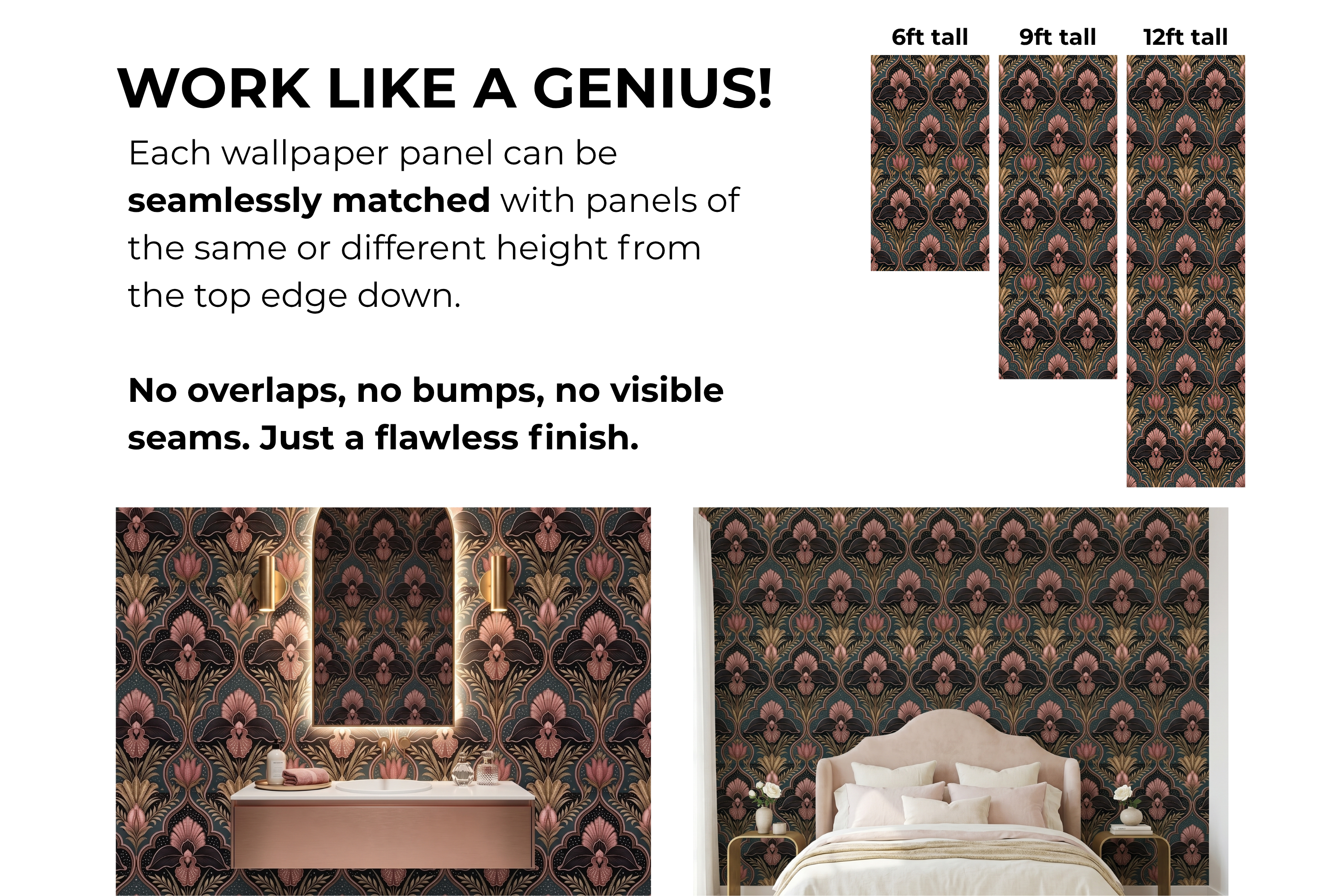 Art Deco Damask Dark Teal Wallpaper with Rose Gold Floral & Celestial Stars for Bedroom and Living Room
