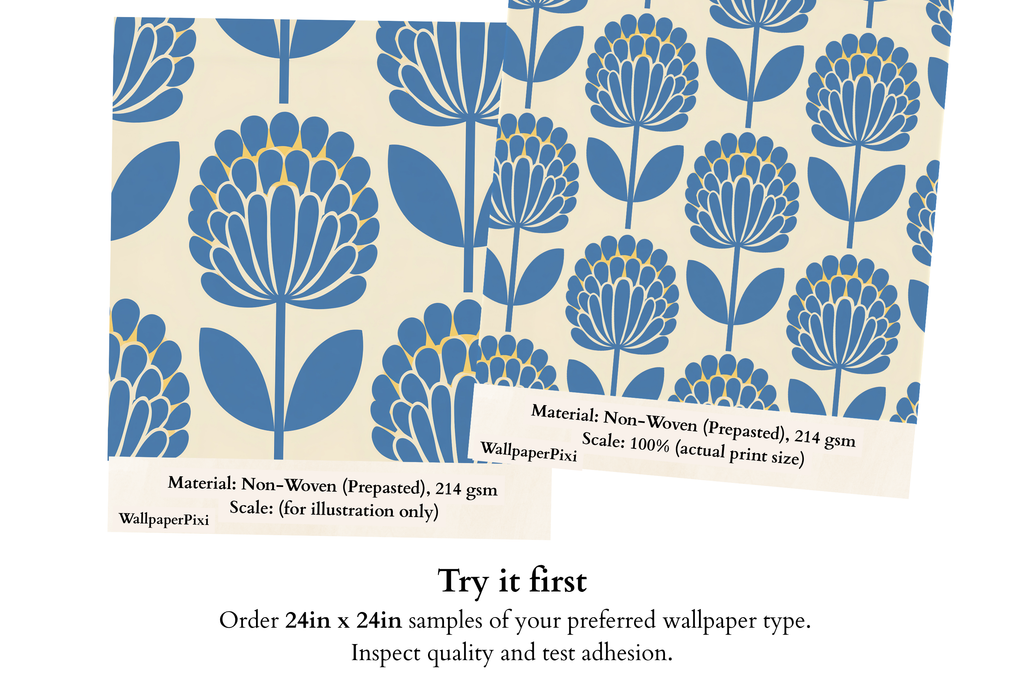 Retro Mid-Century Modern Floral Wallpaper Scandinavian Slate Blue & Cream Geometric Botanical Mural