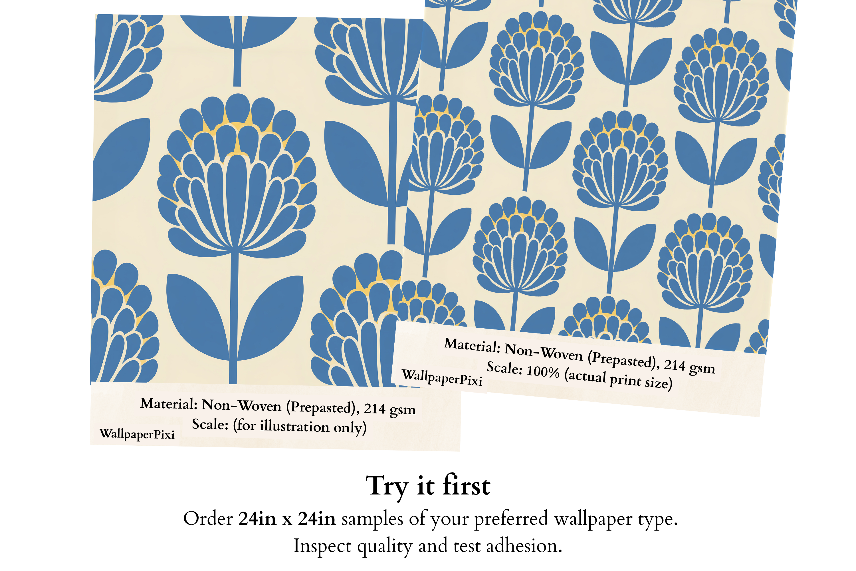 Retro Mid-Century Modern Floral Wallpaper Scandinavian Slate Blue & Cream Geometric Botanical Mural