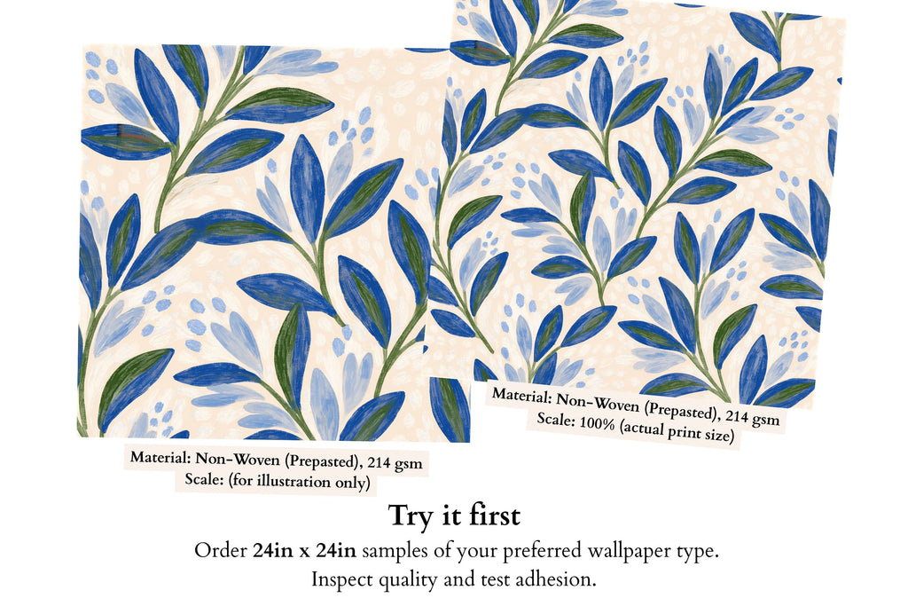 Modern botanical wallpaper with cornflower blue foliage and green stems