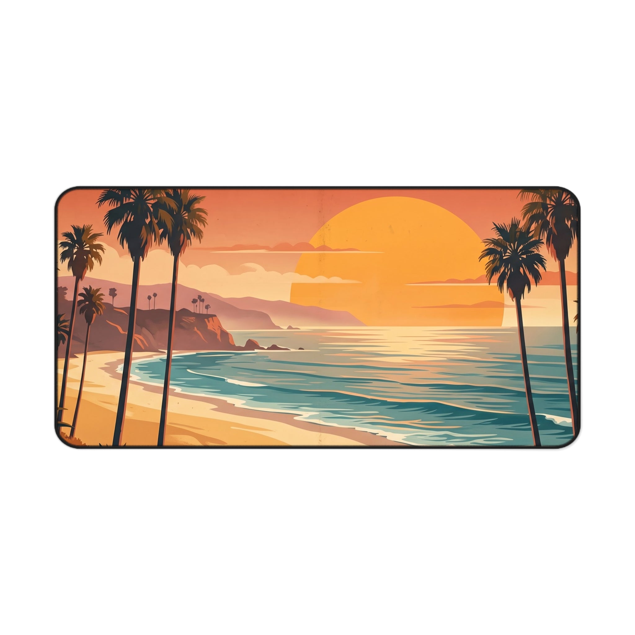Retro California Beach Sunset Desk Mat Vintage Palm Tree Coastal Art