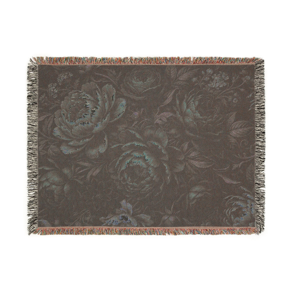 Dark Floral Peony Woven Throw Blanket Moody Botanical Tapestry