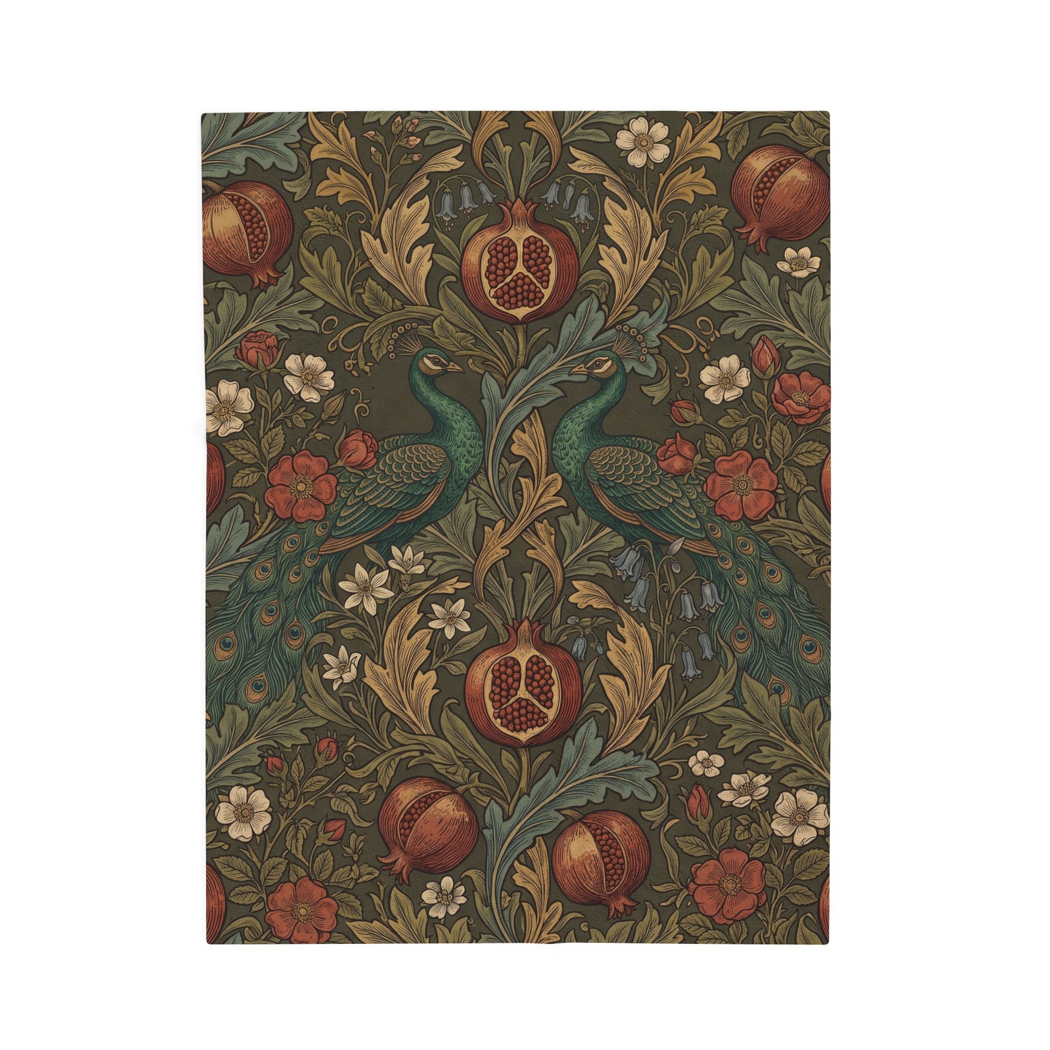 Vintage William Morris Peacock Plush Throw Blanket Botanical Pomegranate Velvety Throw