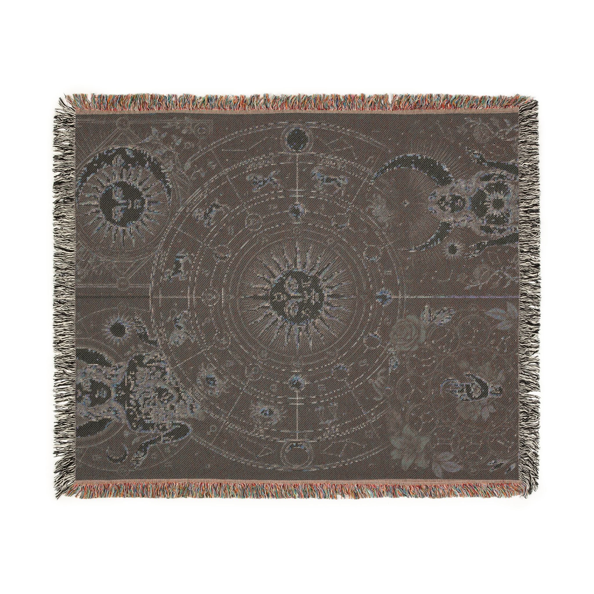 Vintage Celestial Zodiac Woven Throw Blanket Mystical Sun & Moon Tapestry