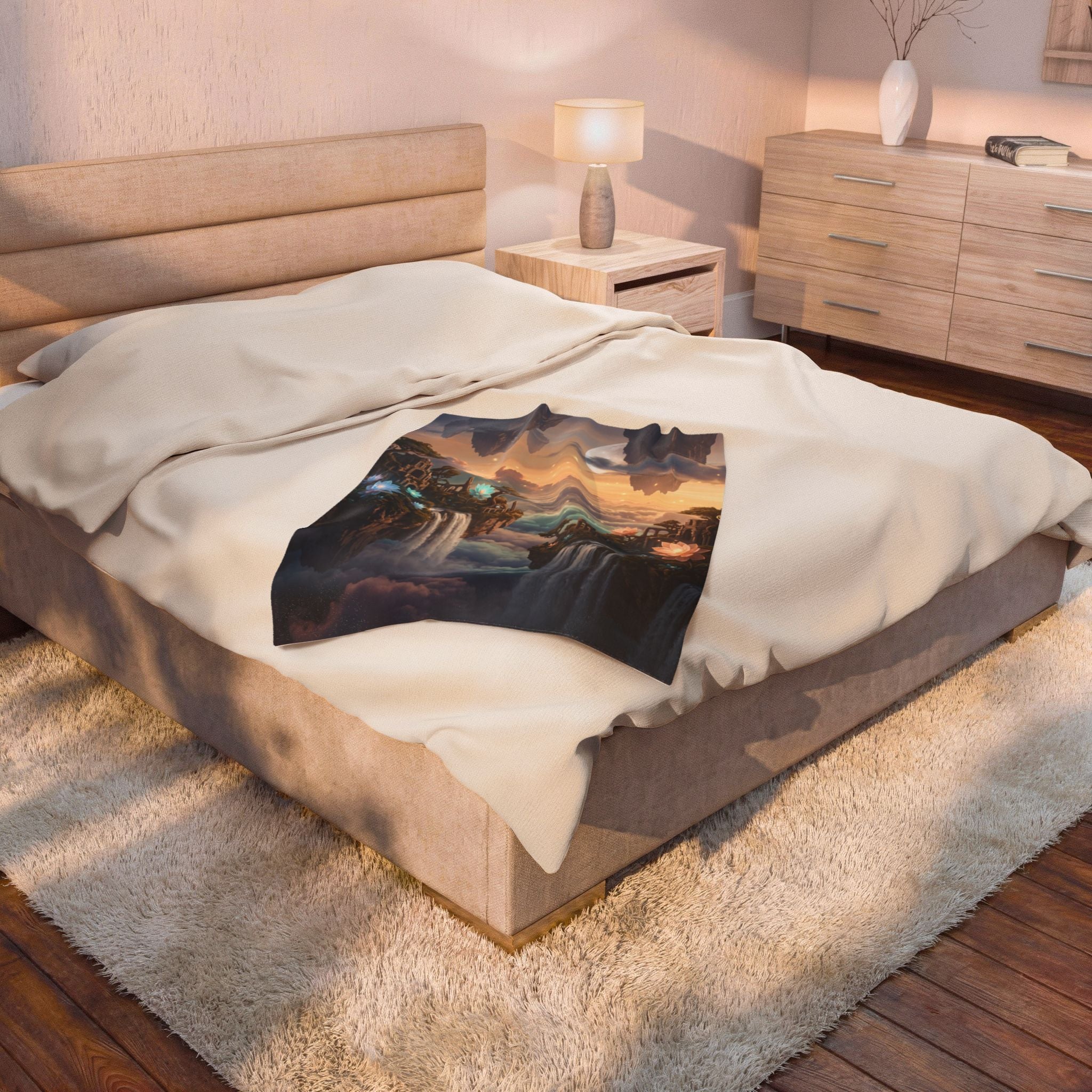 Fantasy Floating Island Plush Throw Blanket Dreamy Lotus Waterfall Velvety Blanket