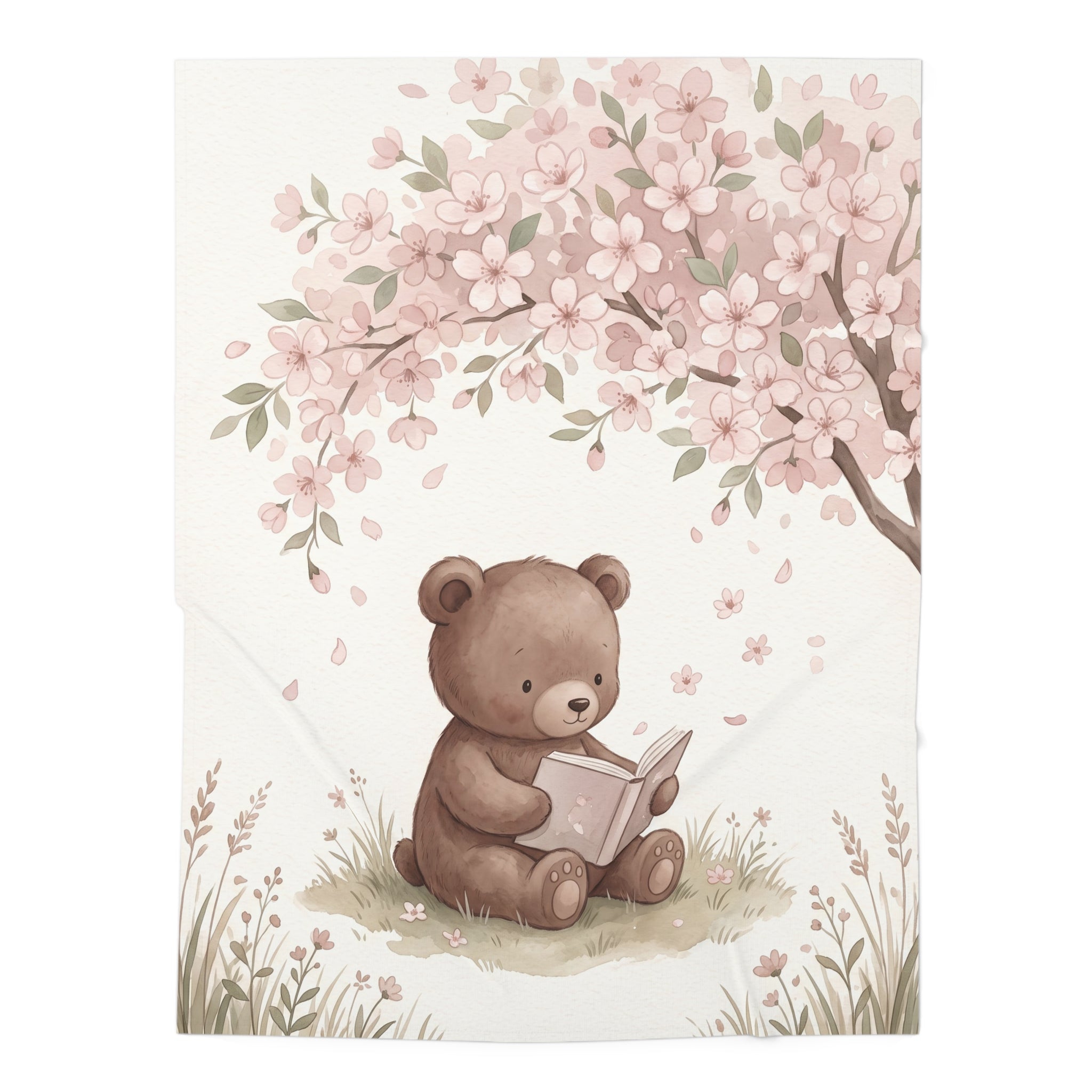 Watercolor Reading Bear Jersey Baby Swaddle Blanket Cherry Blossom Nursery Throw