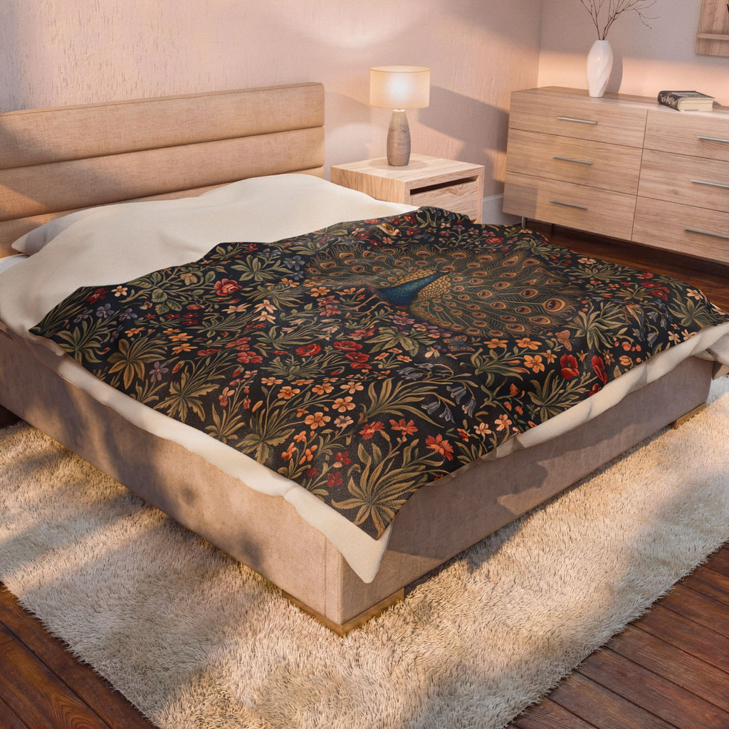 Vintage Peacock Millefleur Plush Velvety Throw Blanket Dark Floral Botanical