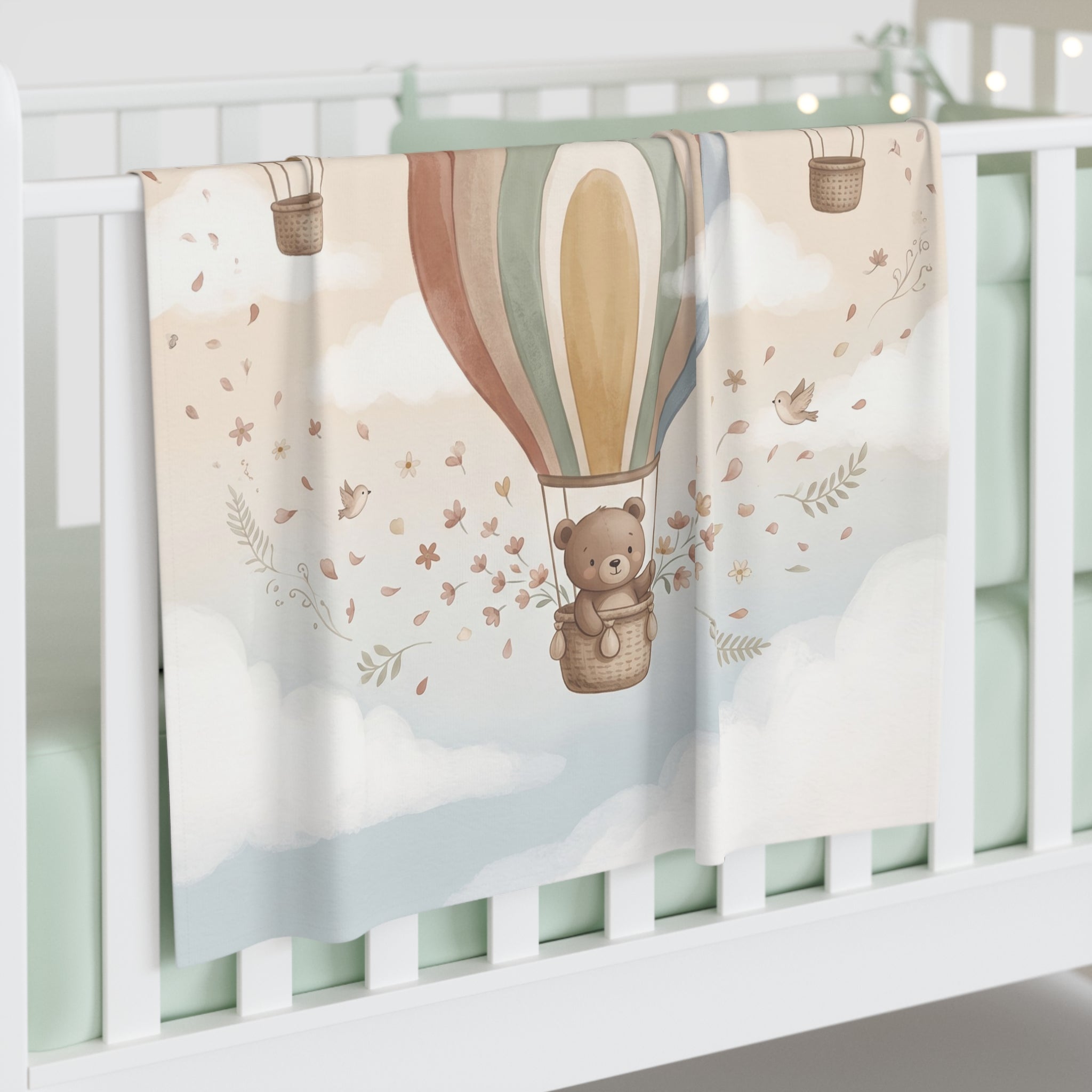 Watercolor Hot Air Balloon Bear Jersey Baby Swaddle Blanket Whimsical Nursery Throw