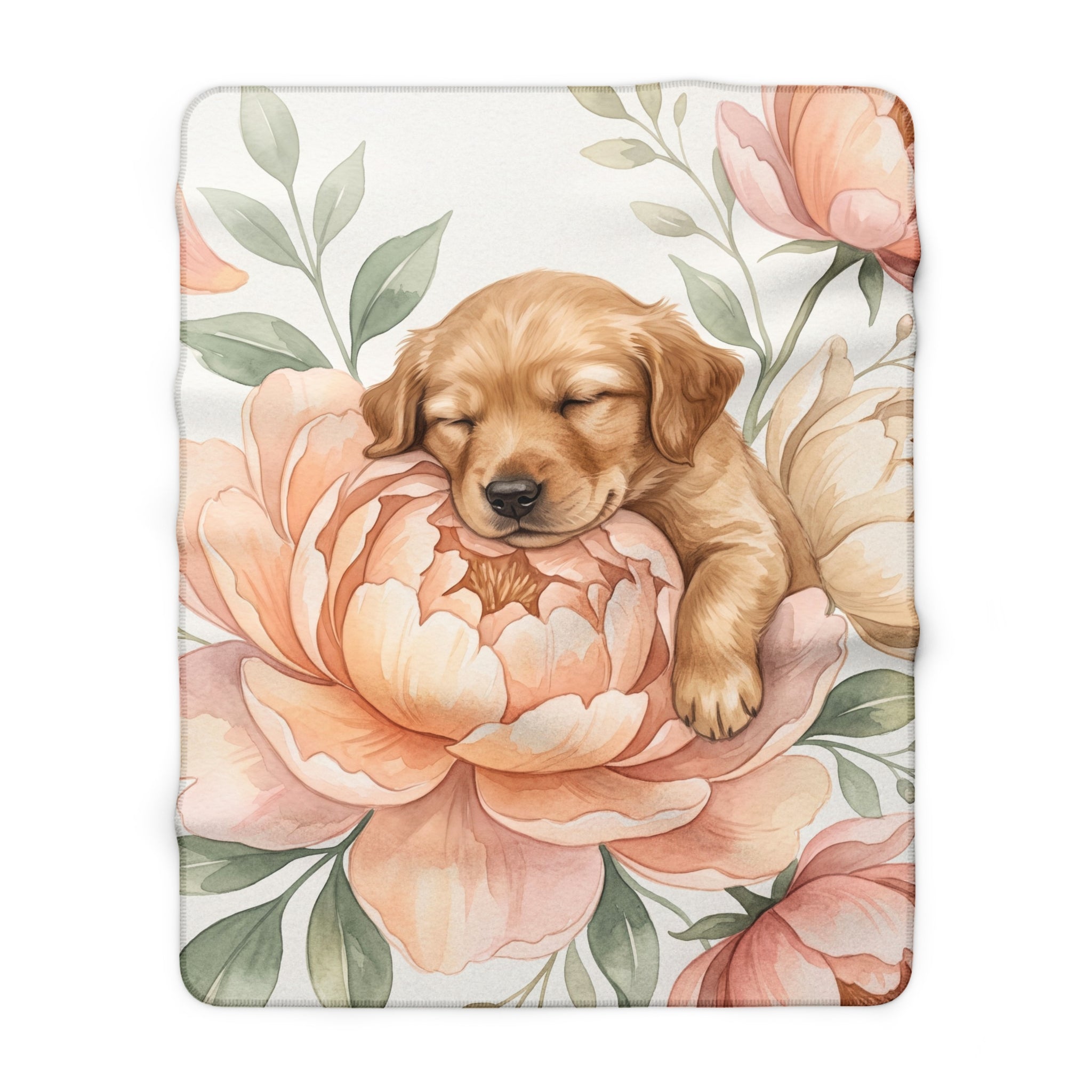 Watercolor Sleeping Puppy & Peony Sherpa Fleece Blanket Floral Cozy Throw