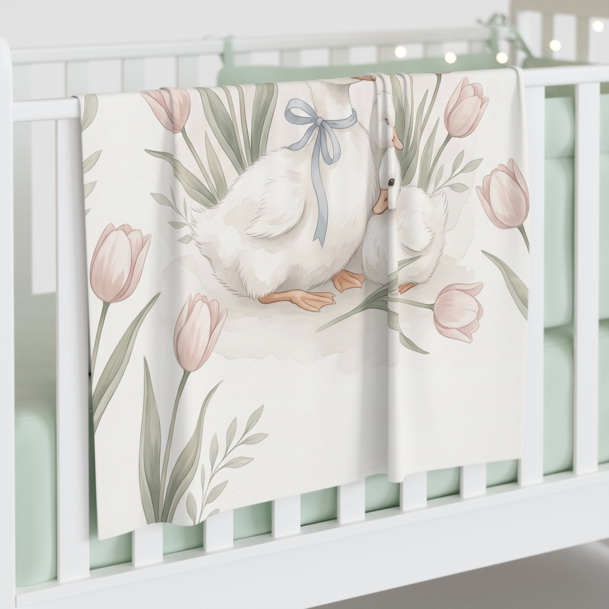 Watercolor Duckling & Tulip Jersey Baby Swaddle Blanket Spring Nursery Throw