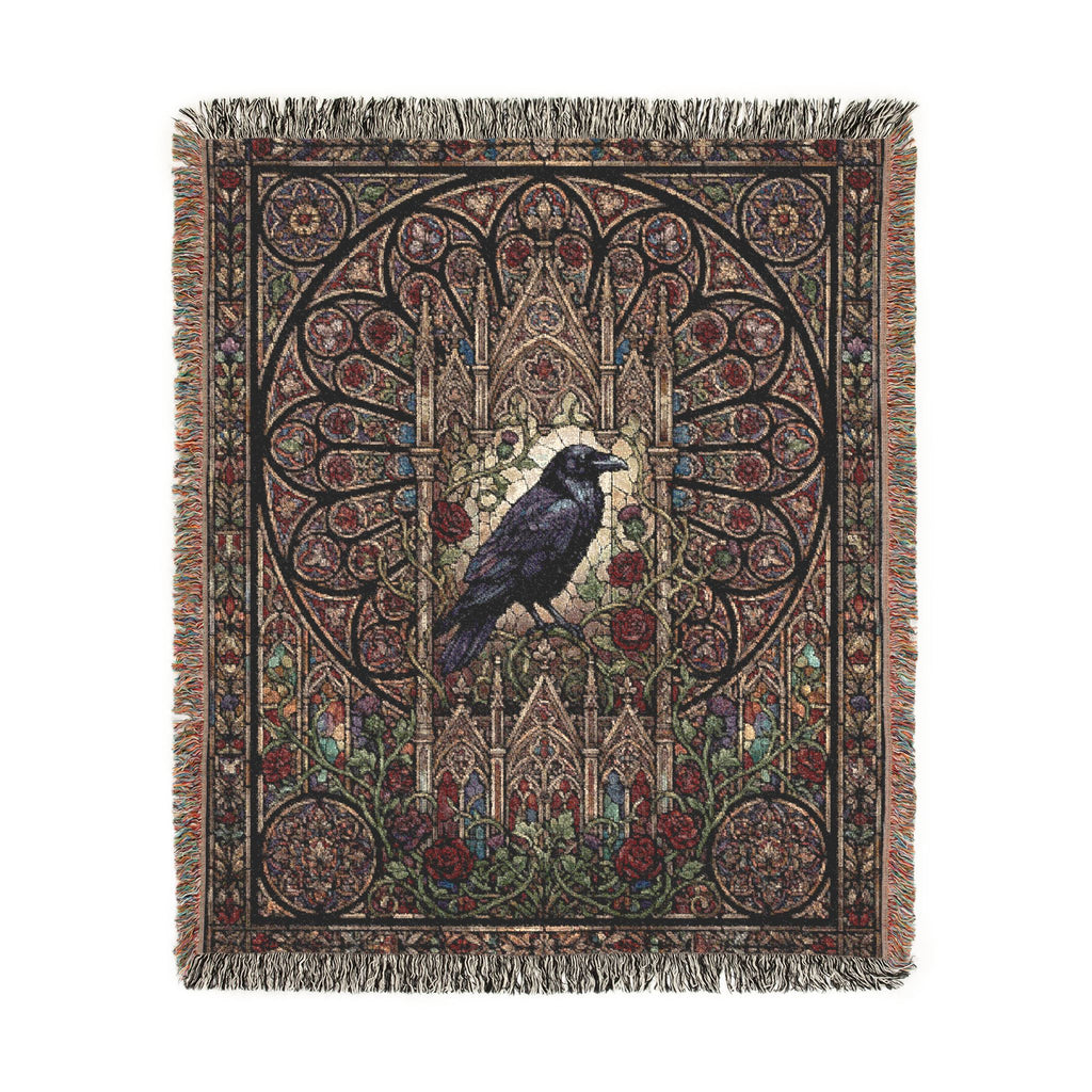 Gothic Raven Stained Glass Woven Throw Blanket  Dark Academia Tapestry