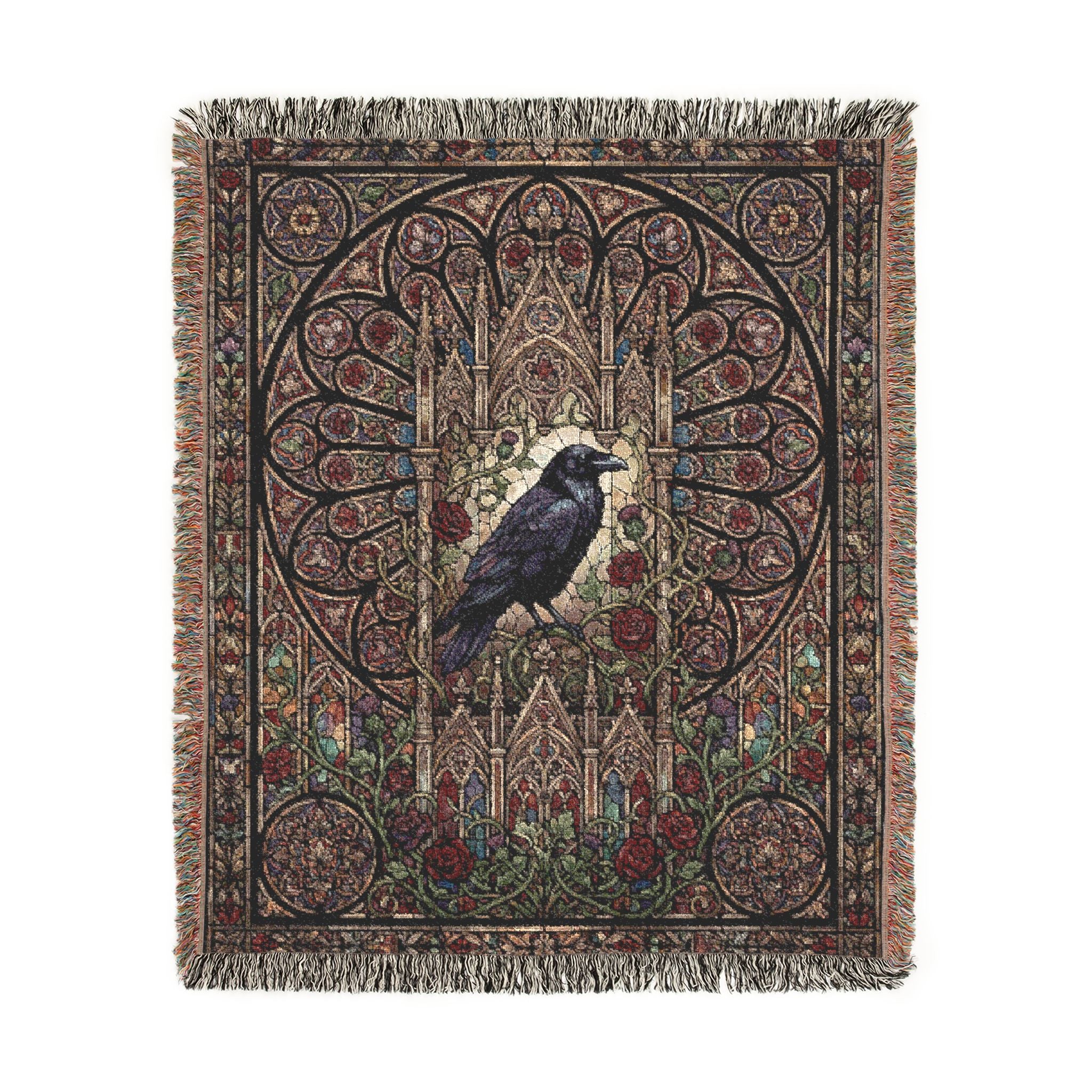 Gothic Raven Stained Glass Woven Throw Blanket  Dark Academia Tapestry
