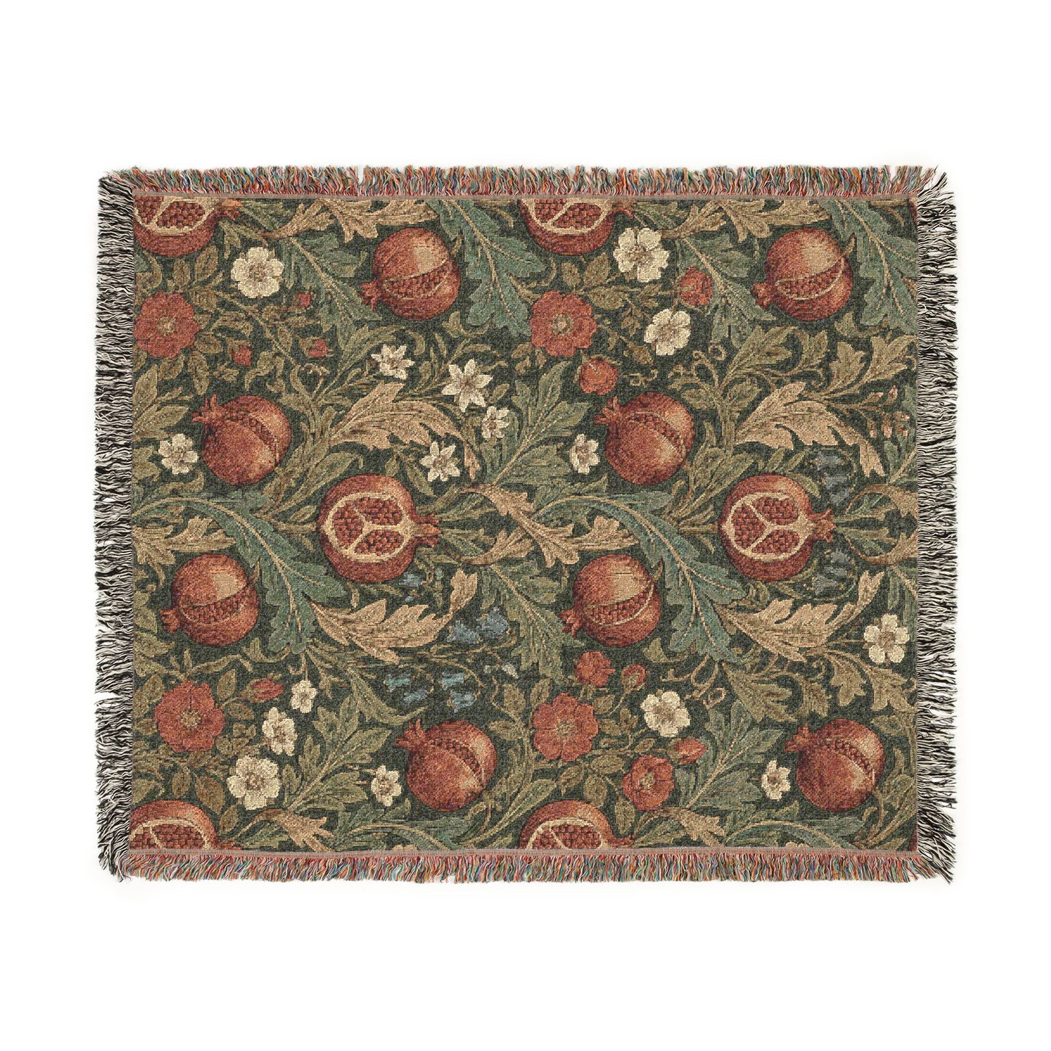 Vintage William Morris Pomegranate Woven Throw Blanket Olive Botanical Tapestry
