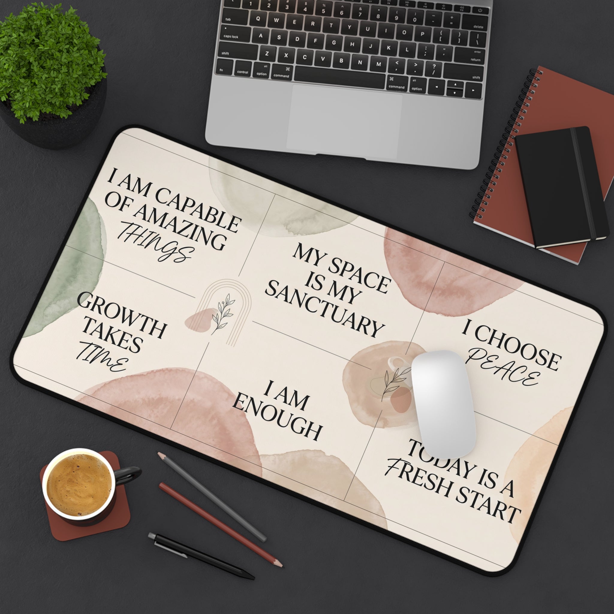 Mindful Affirmations Desk Mat Pastel Watercolor Botanical Art Aesthetic Pad