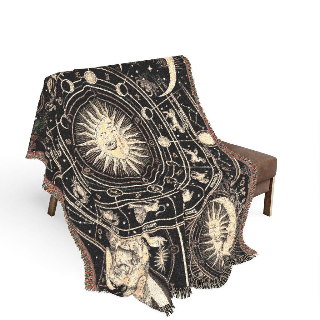 Vintage Celestial Zodiac Woven Throw Blanket Mystical Sun & Moon Tapestry