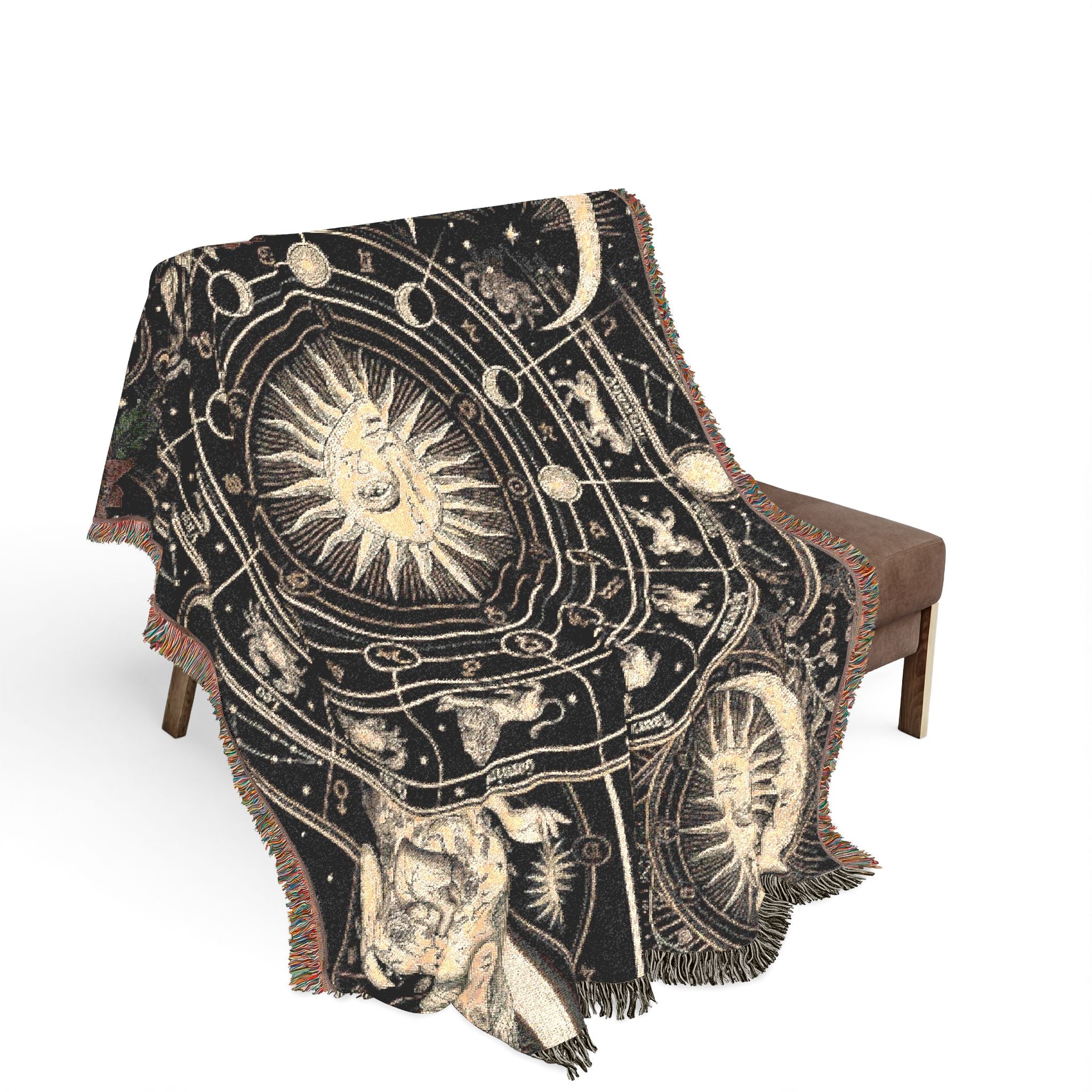 Vintage Celestial Zodiac Woven Throw Blanket Mystical Sun & Moon Tapestry