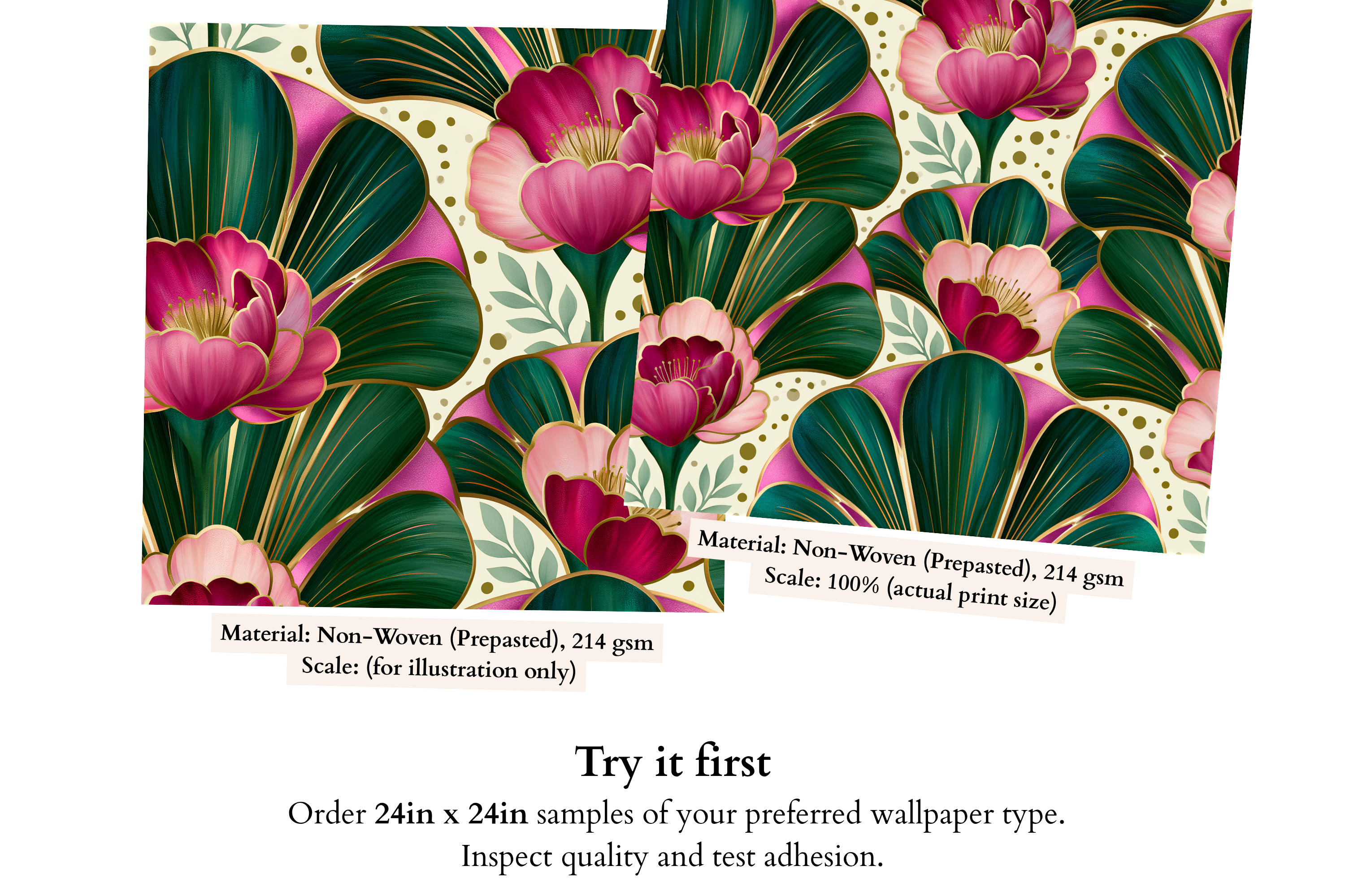 Close-up of Art Nouveau wallpaper showing pink petals, emerald fan shapes, gold accents, and ornamental botanical details