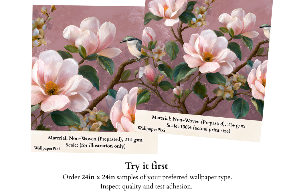 Chinoiserie Magnolia Wall Mural | Pink Floral Bird Botanical Design