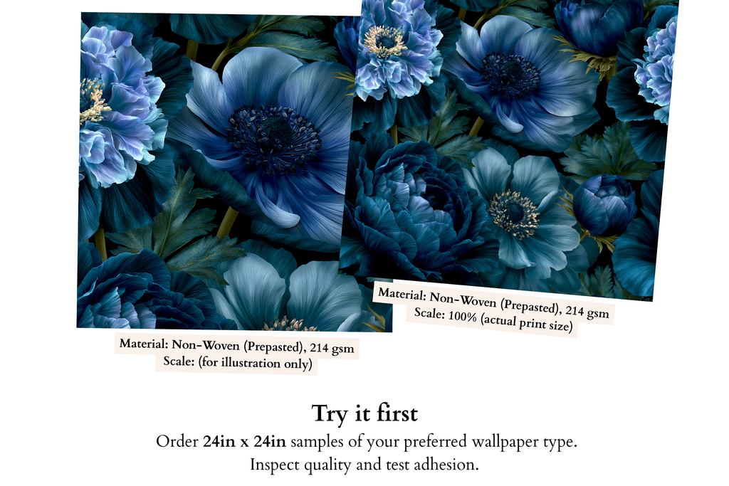  Close-up of dark botanical wallpaper showing painterly blue petals, rich floral texture, and lush foliage details