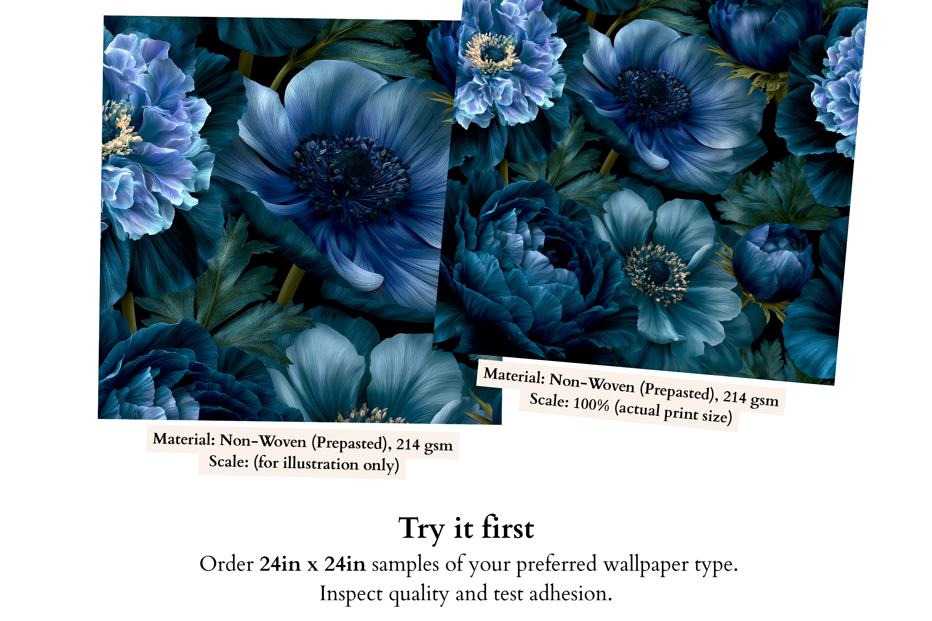  Close-up of dark botanical wallpaper showing painterly blue petals, rich floral texture, and lush foliage details