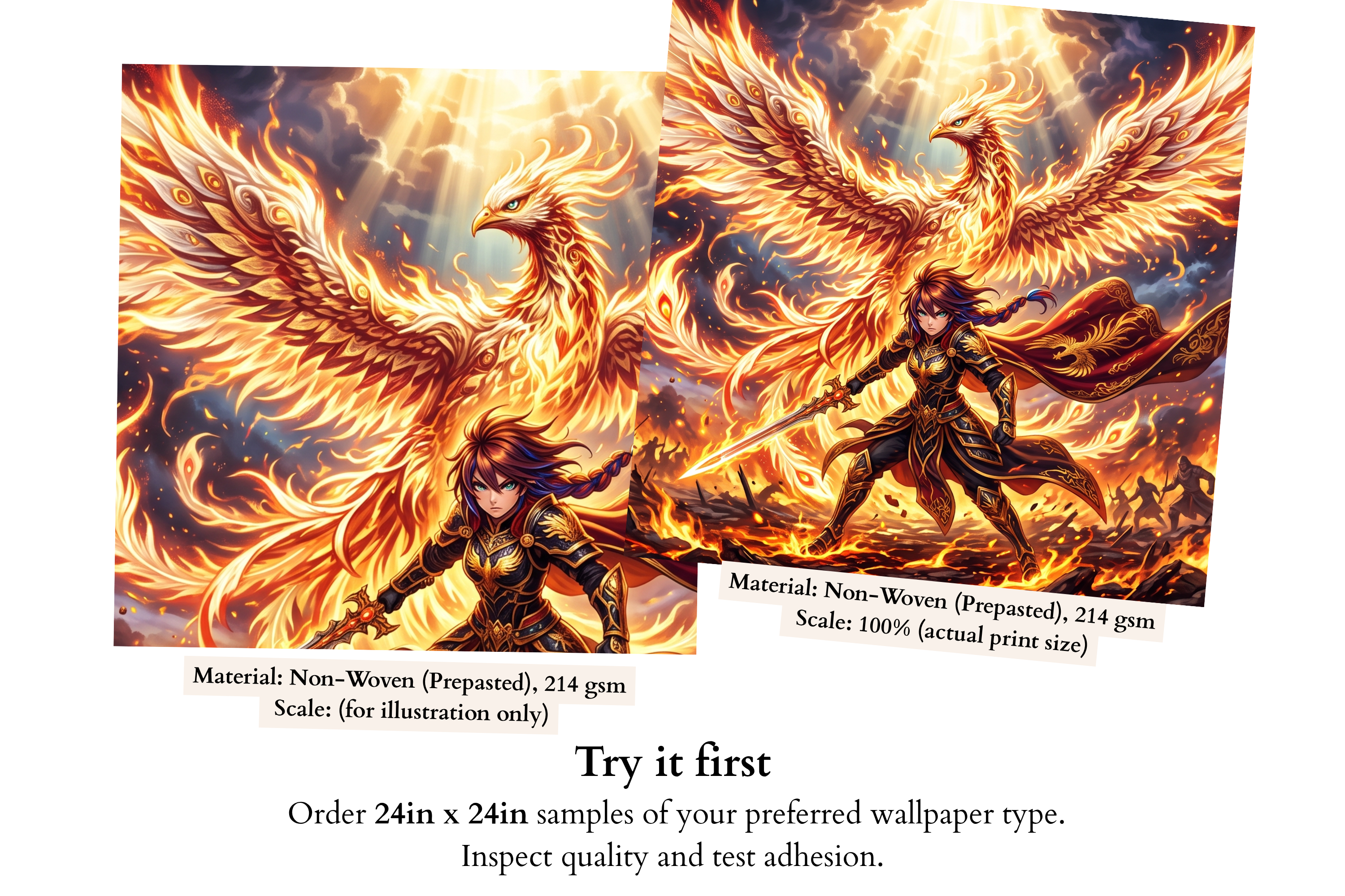 Epic Anime Phoenix Warrior Wall Mural Fiery Fantasy Battlefield Wallpaper