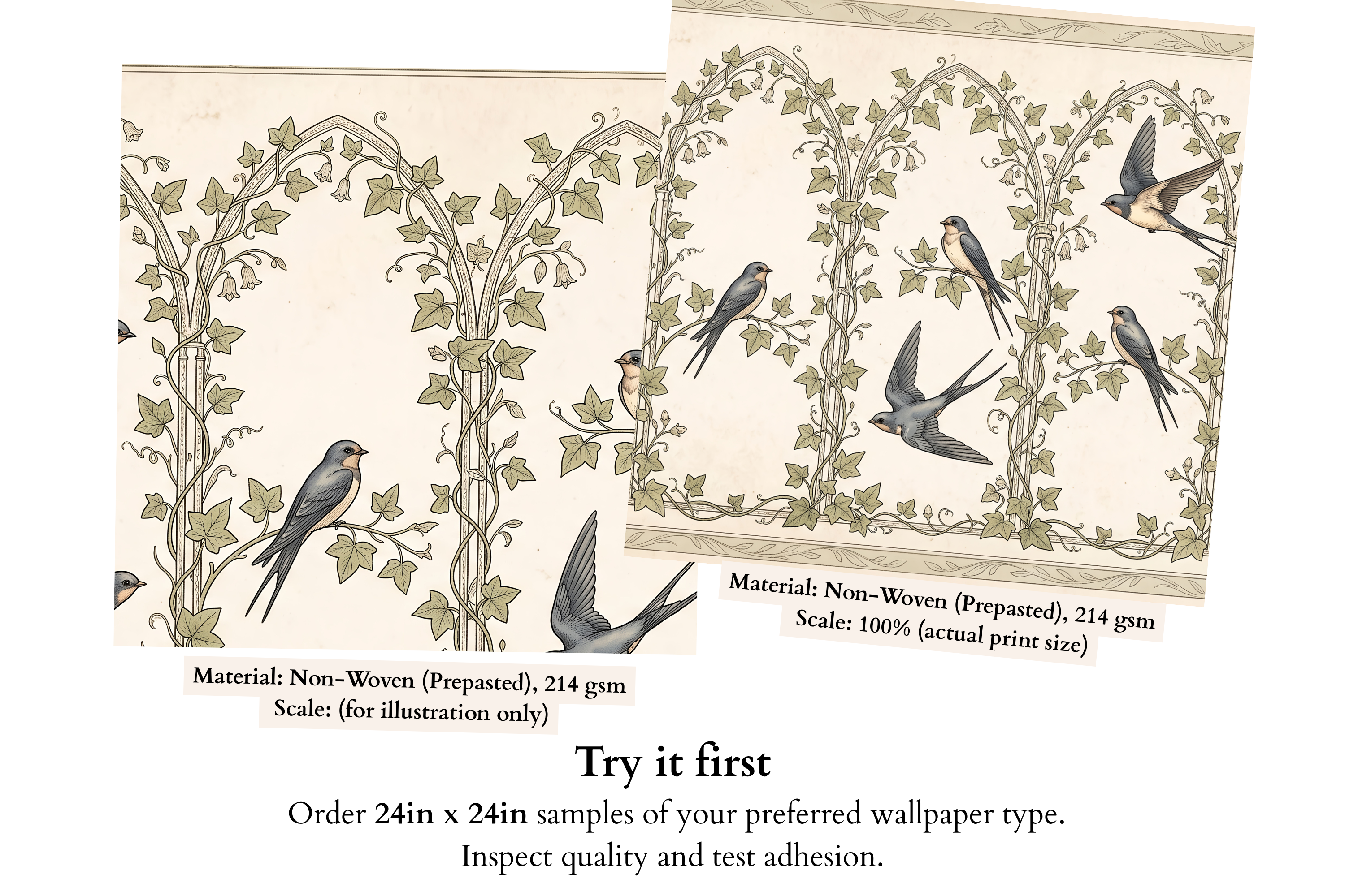 Vintage Swallow & Ivy Trellis Wall Mural Classic Botanical Archway Wallpaper
