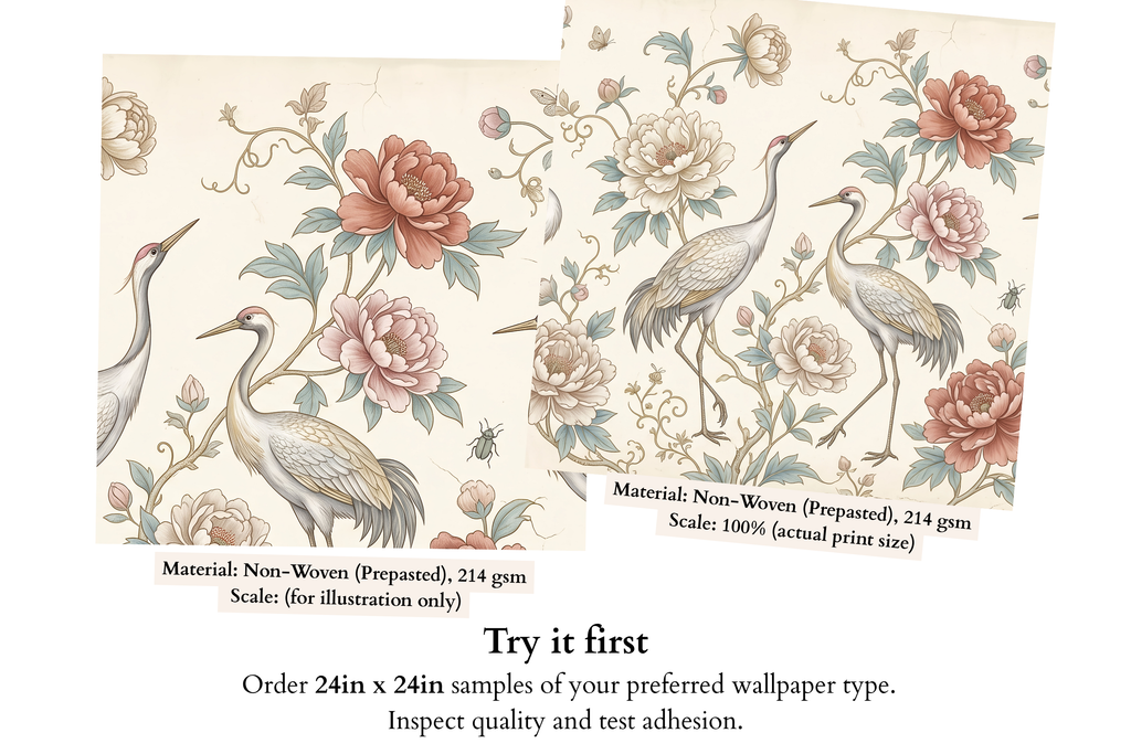 Vintage Chinoiserie Crane & Peony Wall Mural Elegant Grandmillennial Wallpaper