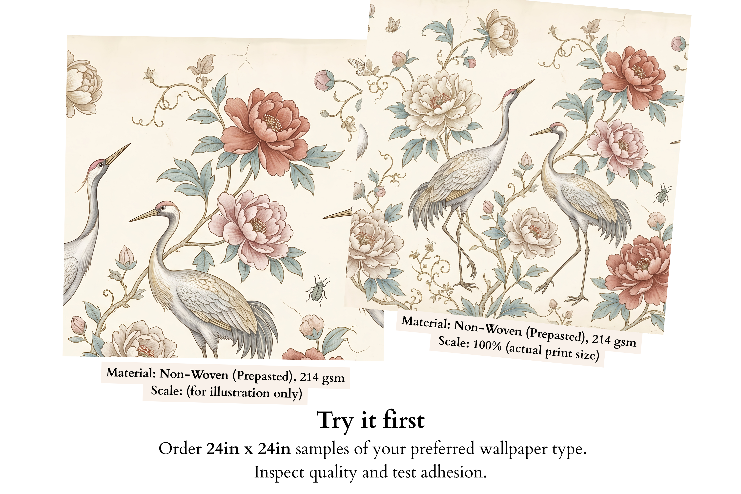 Vintage Chinoiserie Crane & Peony Wall Mural Elegant Grandmillennial Wallpaper
