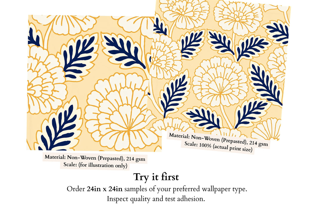 Modern floral wallpaper featuring cream blooms on a buttery yellow background