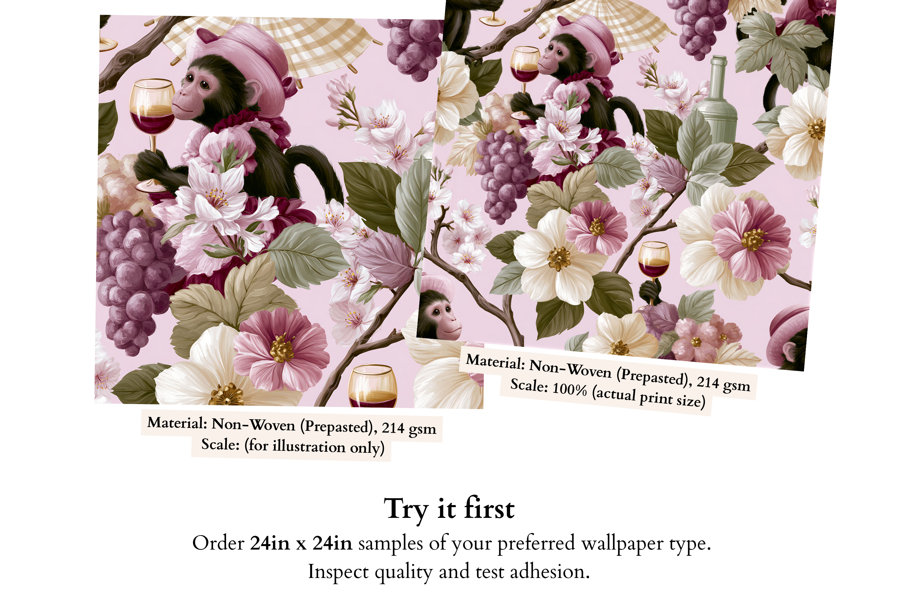 Close-up detail of whimsical monkey with pink hat and parasol, ivory camellia blossom, and purple grape cluster on pink singerie chinoiserie wallpaper — high-definition painterly fade-resistant print by WallpaperPixi