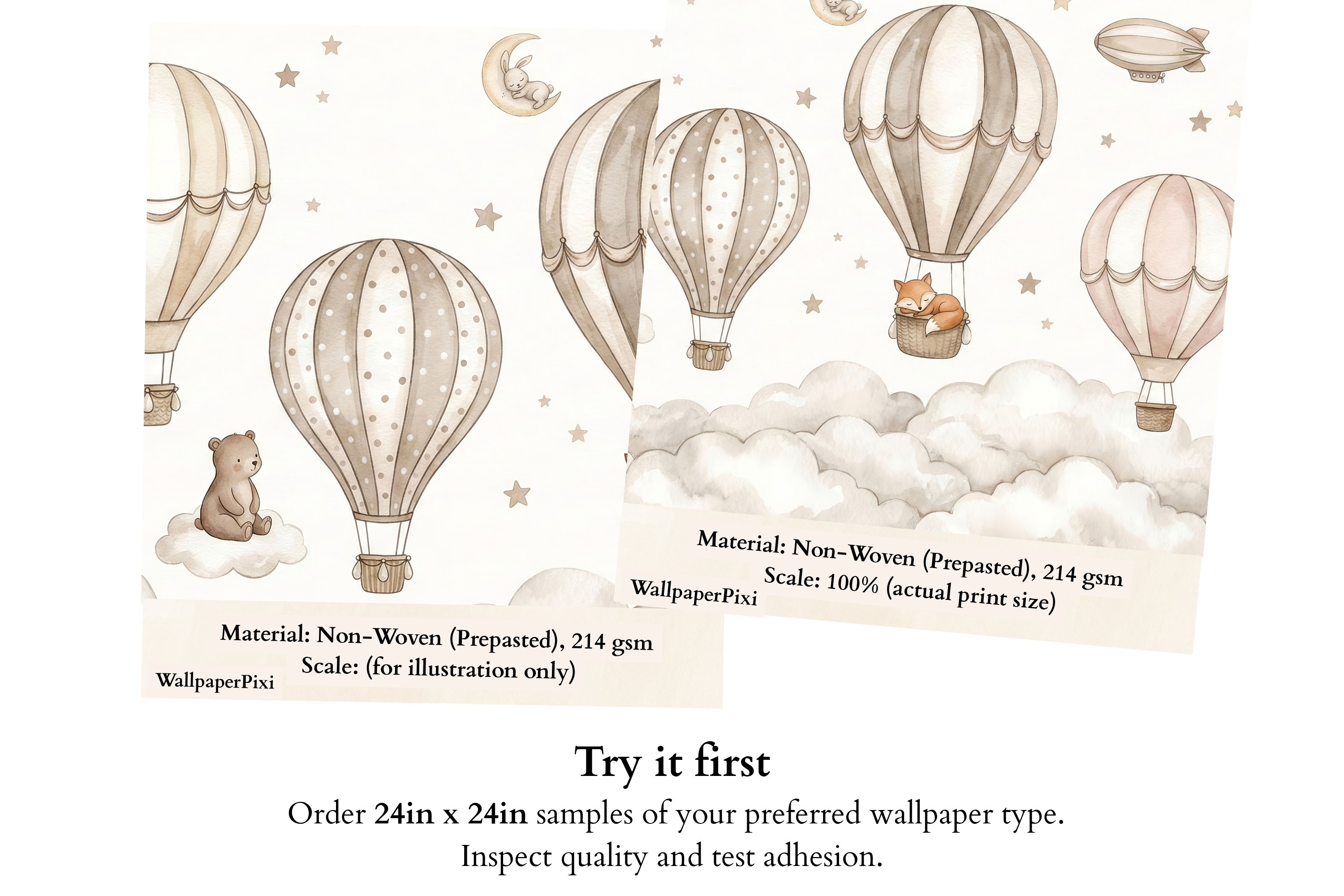 Hot Air Balloon Nursery Wallpaper Mural | Neutral Beige Woodland Baby Room