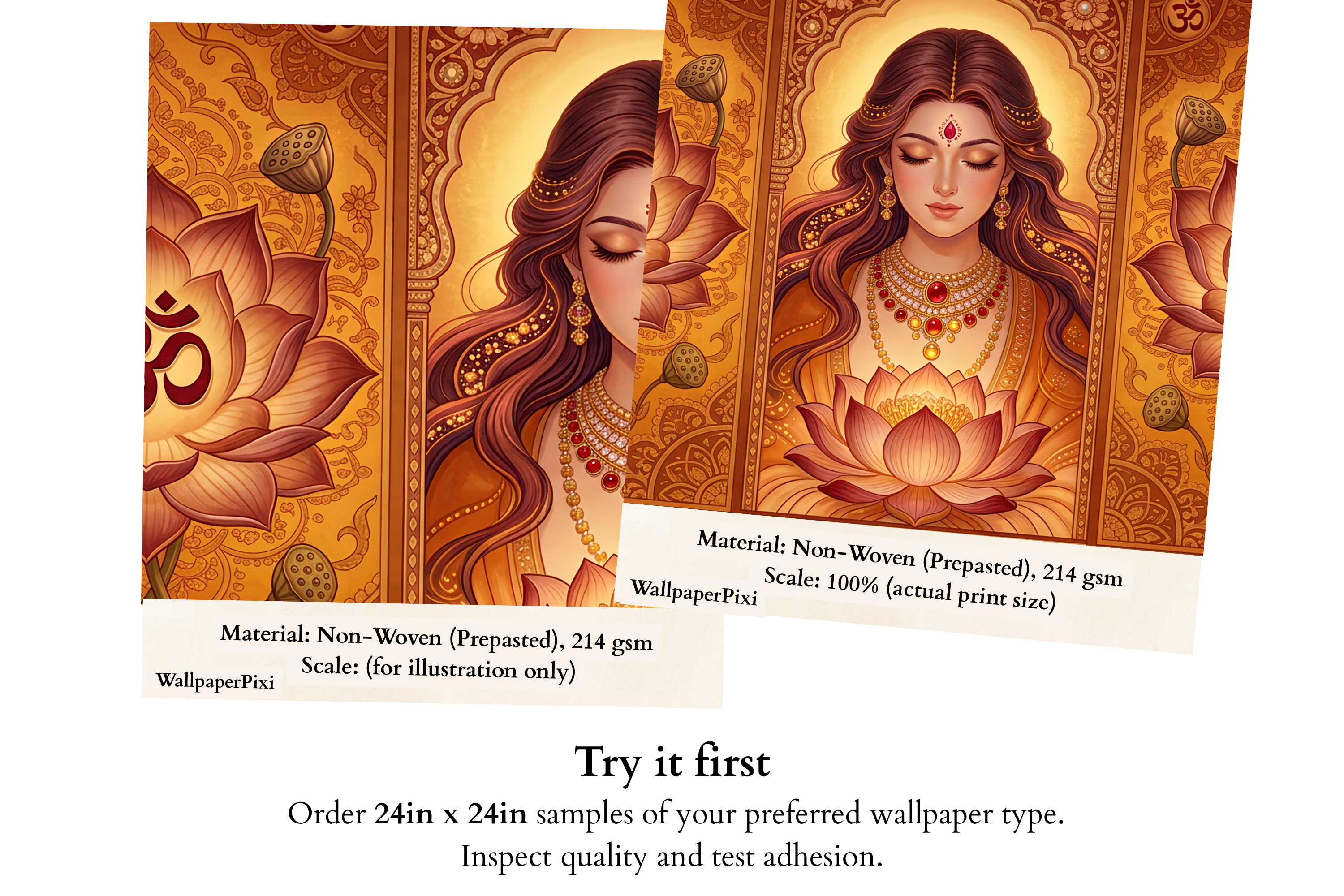 Golden Goddess Lotus Om Wall Mural | Indian Spiritual Triptych