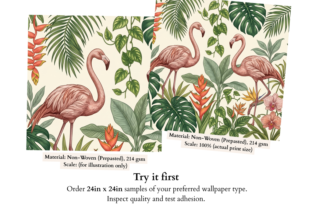Close-up detail of elegant pink flamingo with detailed plumage among monstera fronds, red heliconia flower, and golden Bird of Paradise bloom on tropical botanical wallpaper mural — high-definition fade-resistant print by WallpaperPixi