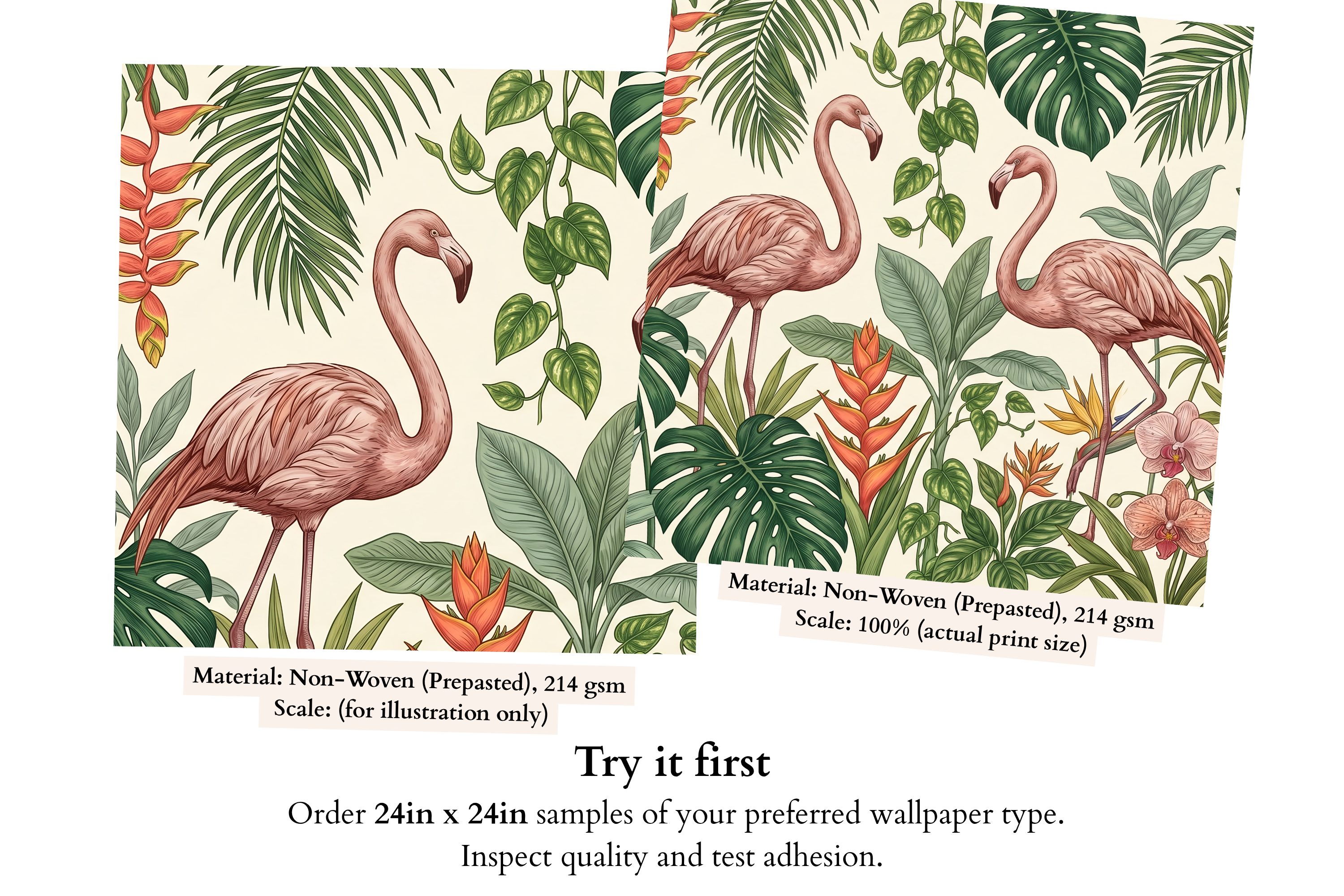 Close-up detail of elegant pink flamingo with detailed plumage among monstera fronds, red heliconia flower, and golden Bird of Paradise bloom on tropical botanical wallpaper mural — high-definition fade-resistant print by WallpaperPixi