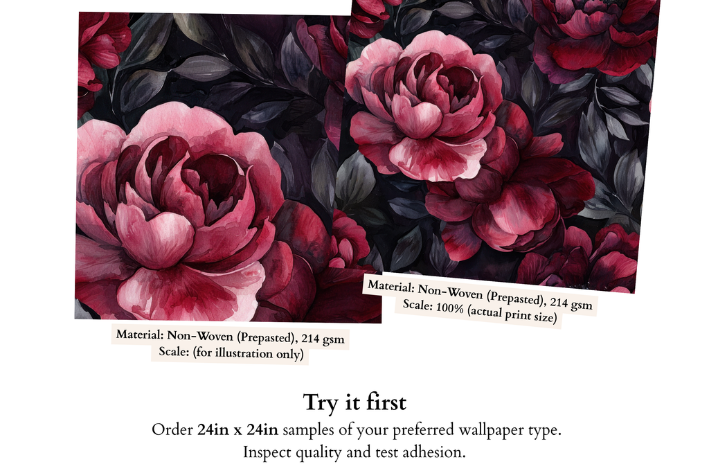 Close-up detail of watercolour crimson and blush peony bloom with layered petals transitioning from soft pink to deep burgundy wine on dark moody floral wallpaper — high-definition fade-resistant print by WallpaperPixi
