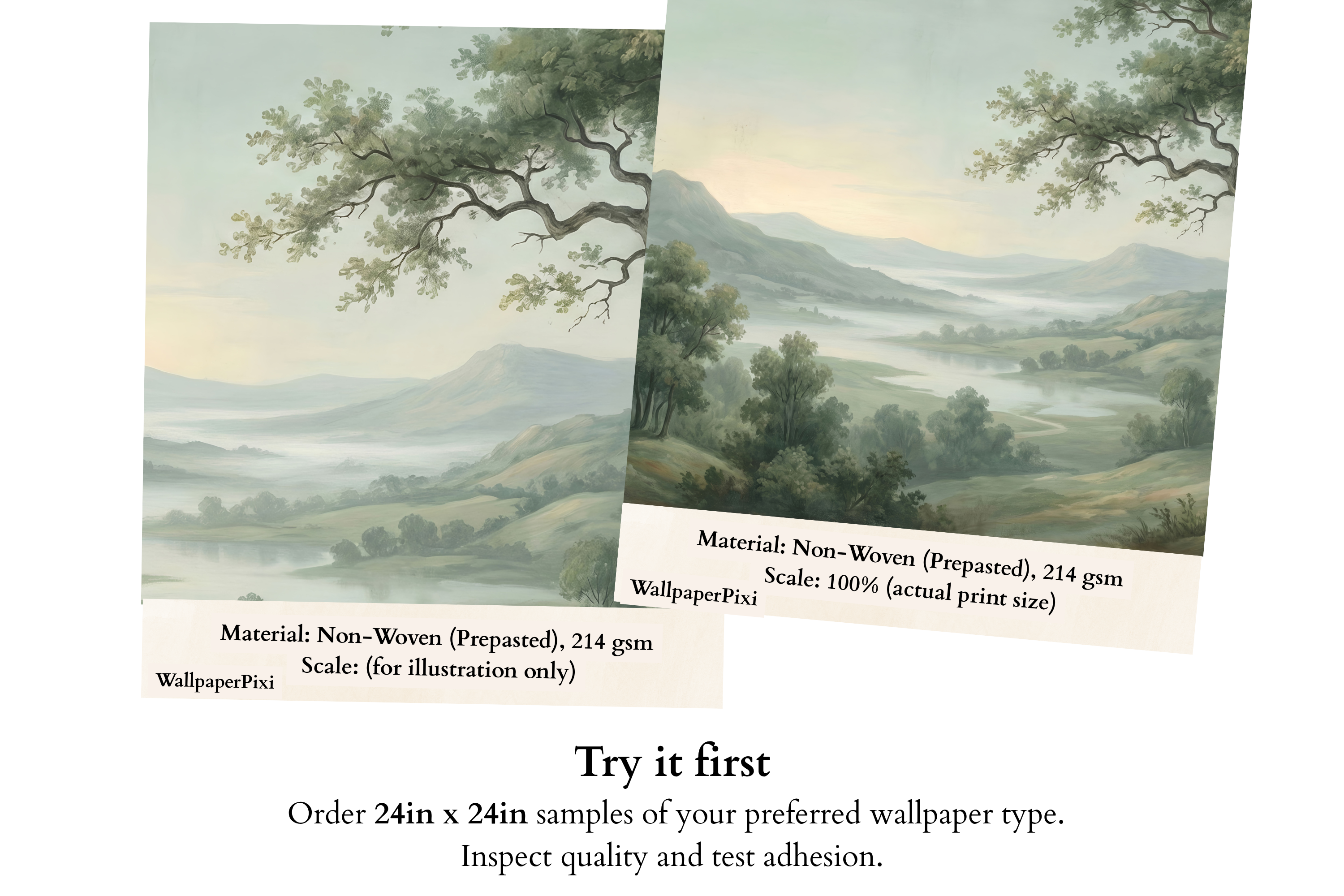 Green Landscape Wall Mural | Misty Valley Vintage Nature Scenic Design