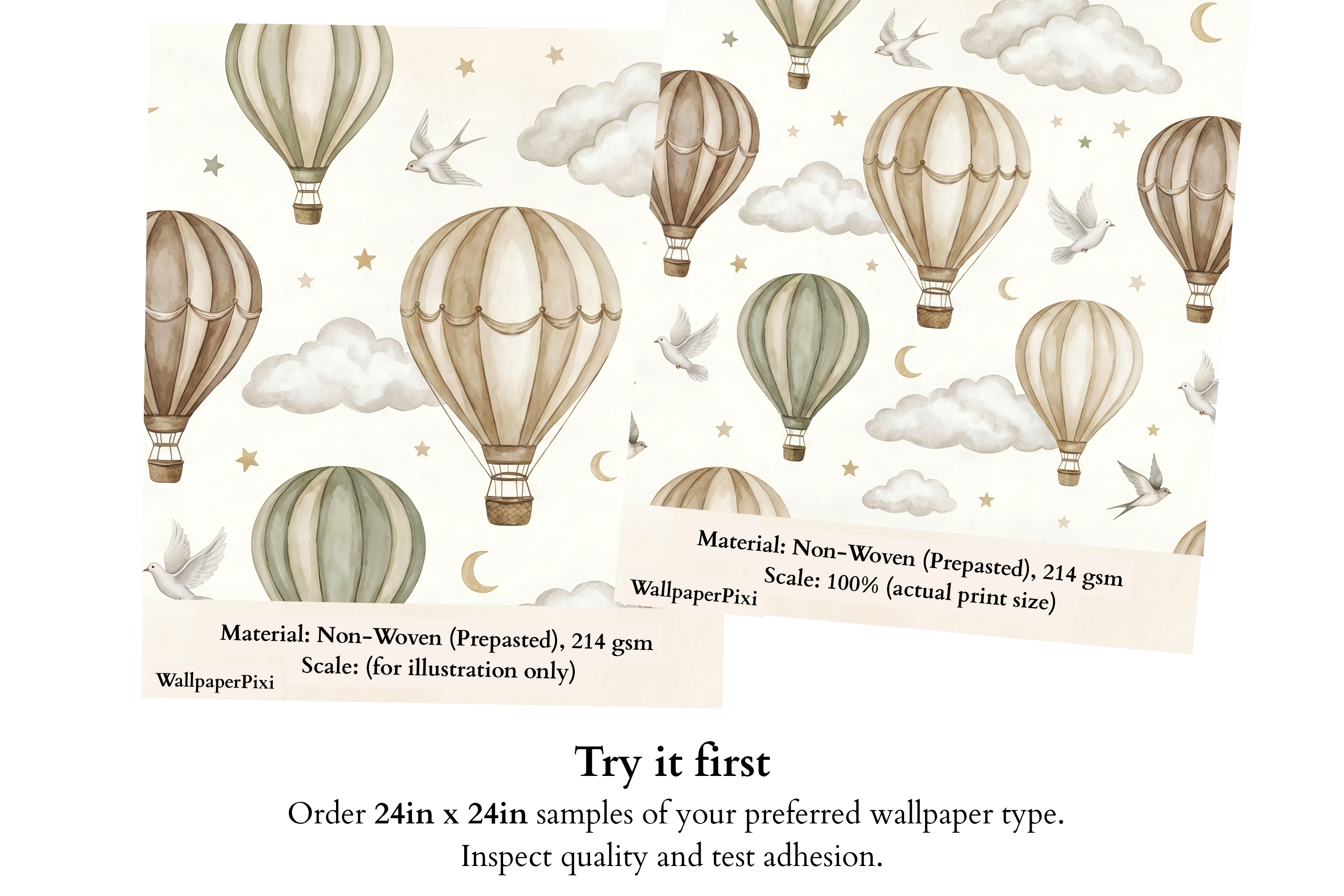 Hot Air Balloon Nursery Wall Mural | Neutral Beige Taupe Vintage Sky Moon Stars Design