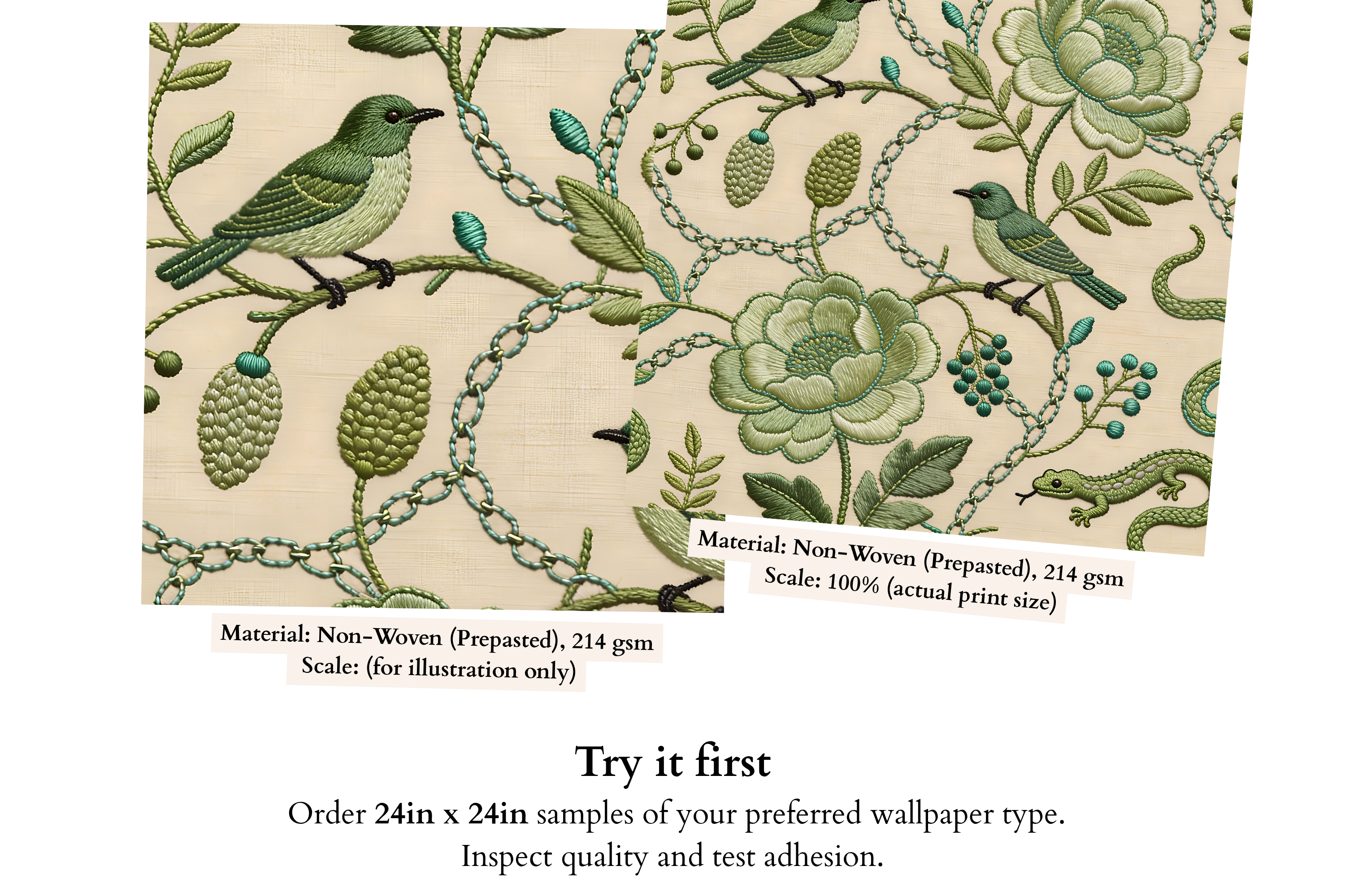 Close-up detail of faux satin-stitch green peony rose, chain-stitch vine, and perched songbird on cream silk-textured chinoiserie wallpaper — high-definition trompe l'oeil embroidery print by WallpaperPixi