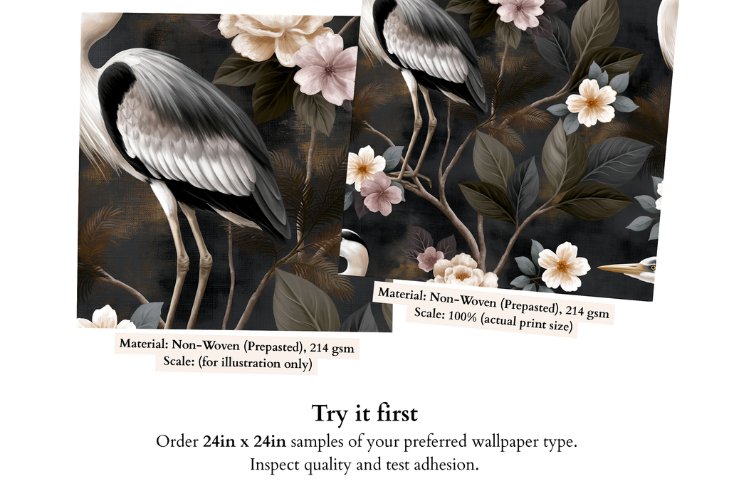 Close-up detail of white heron plumage, ivory camellia blossom with golden centre, and olive bronze leaf on dark charcoal chinoiserie wallpaper — high-definition painterly fade-resistant print by WallpaperPixi