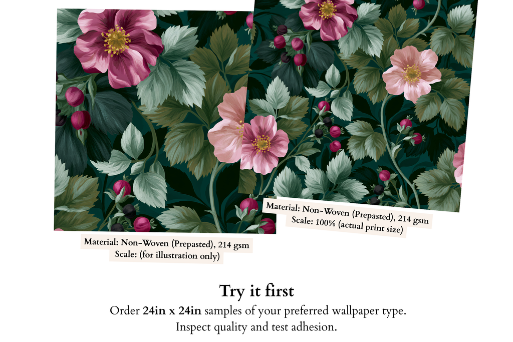 Close-up detail of painterly pink wild rose bloom with golden stamens and magenta rose hip berries on dark teal vintage botanical wallpaper — high-definition fade-resistant print by WallpaperPixi