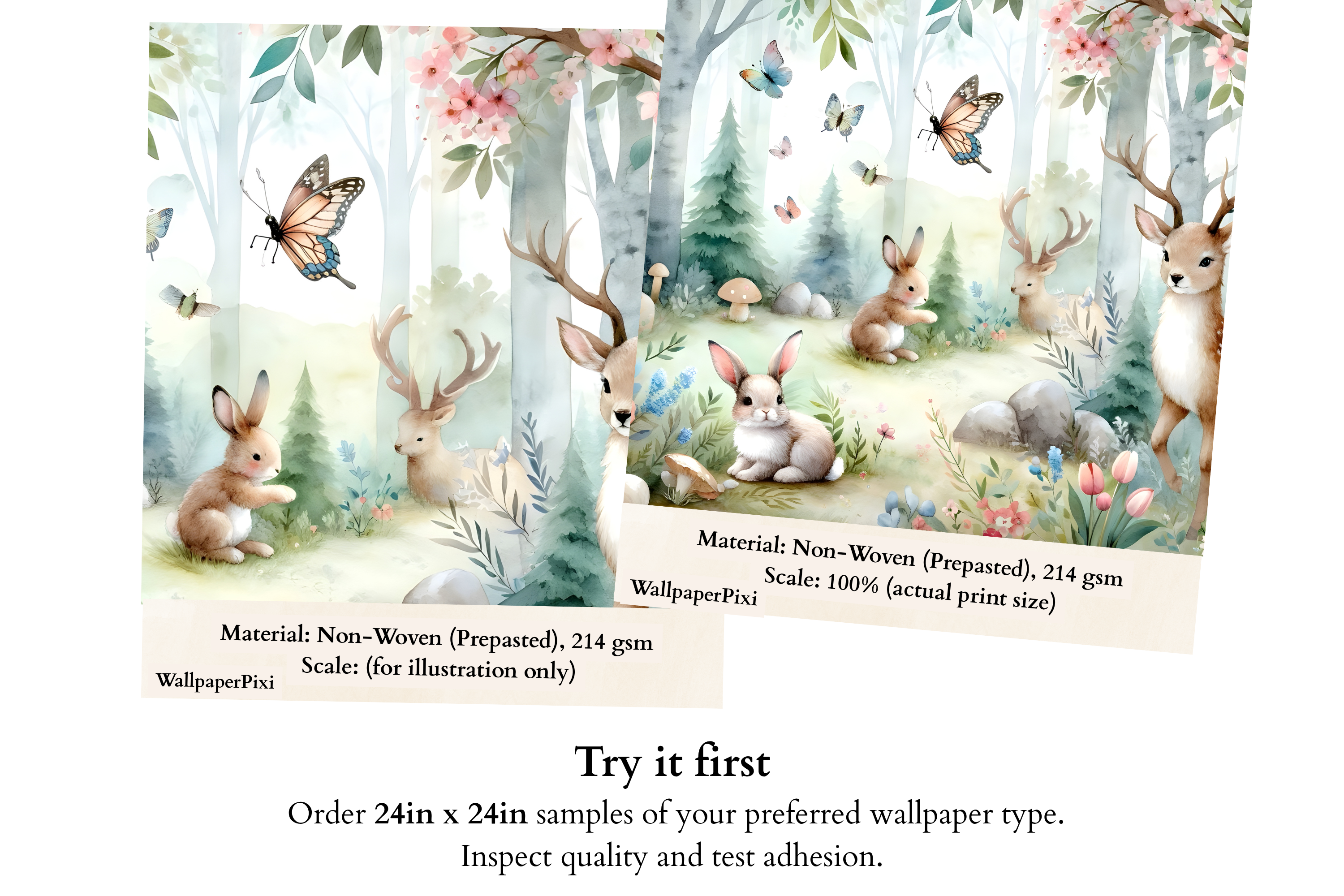 Woodland Nursery Wallpaper Mural | Watercolour Forest Animals Deer Rabbit Birch Tree Design