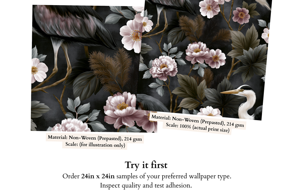 Close-up detail of white heron plumage, blush pink peony blossom with golden centre, and copper fern frond on dark charcoal chinoiserie wallpaper — high-definition painterly fade-resistant print by WallpaperPixi